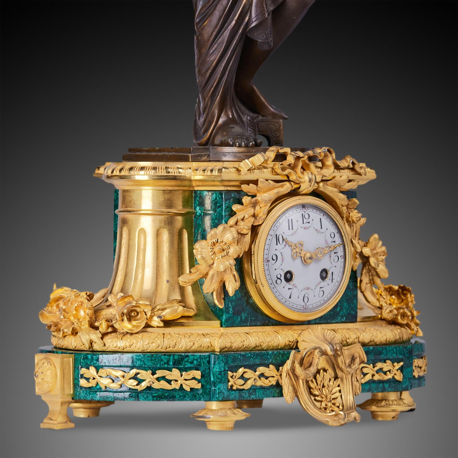 Bronze Xixth Louis XVI Style Desk Clock Inlaid with Malachite For Sale