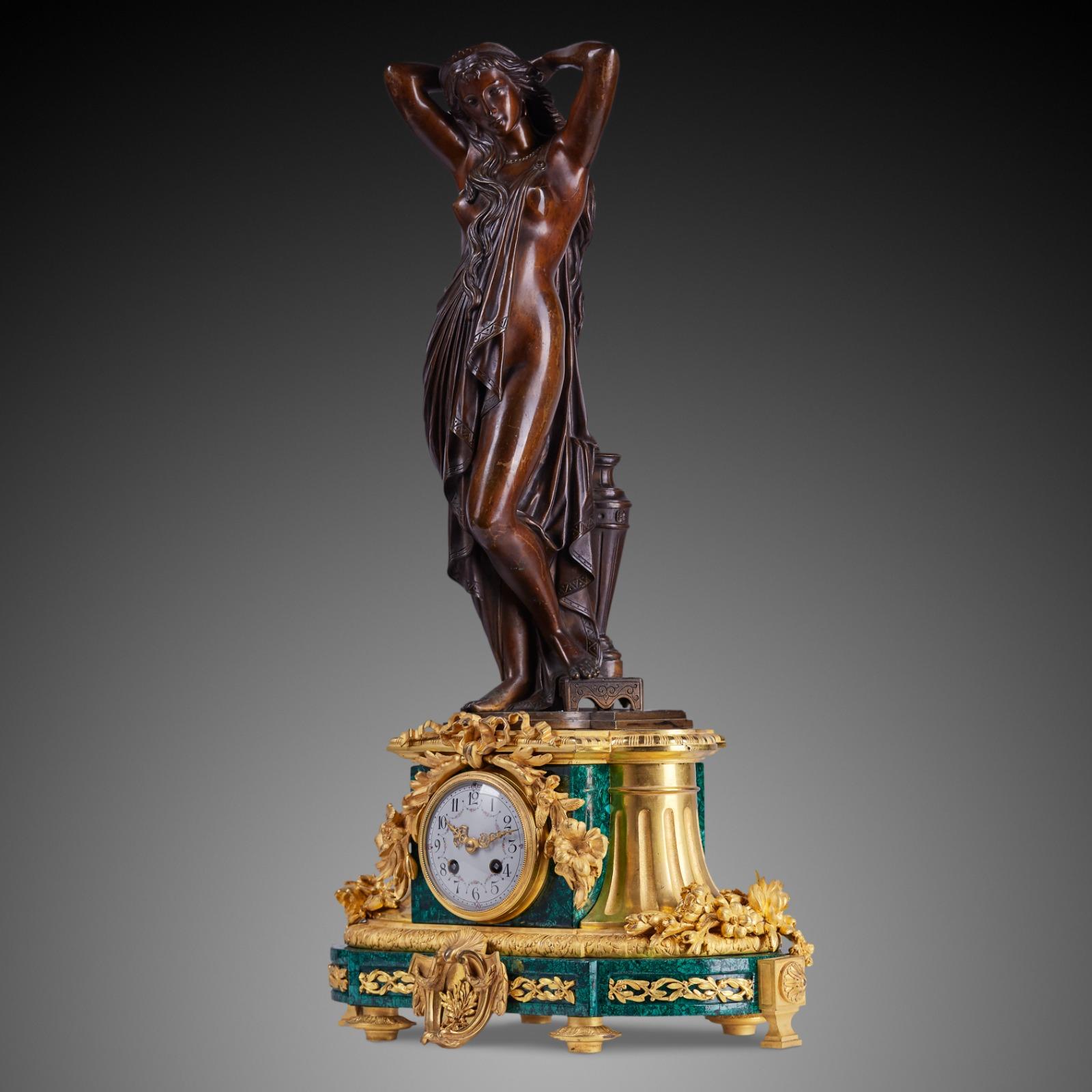 Xixth Louis XVI Style Desk Clock Inlaid with Malachite For Sale 1