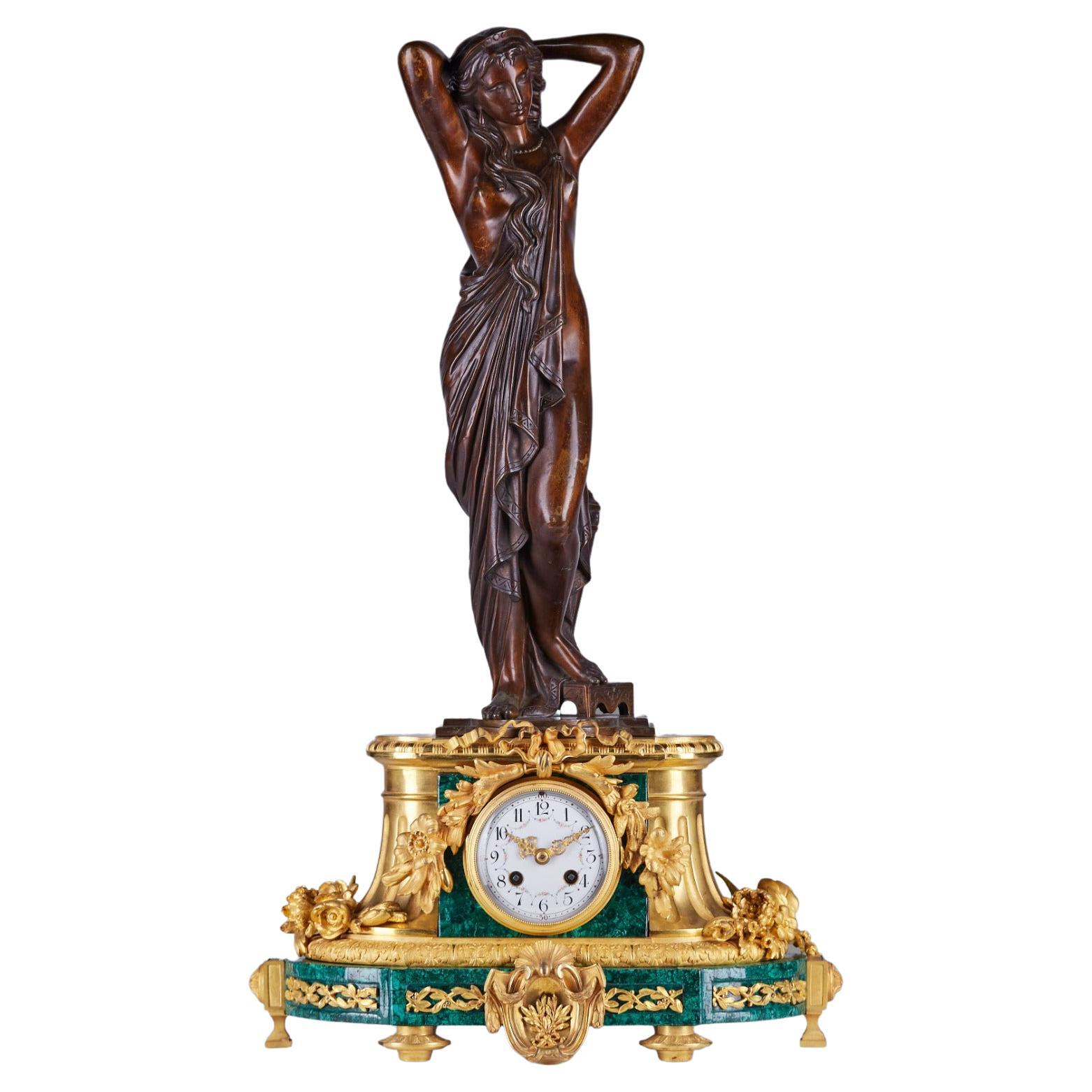 Xixth Louis XVI Style Desk Clock Inlaid with Malachite For Sale