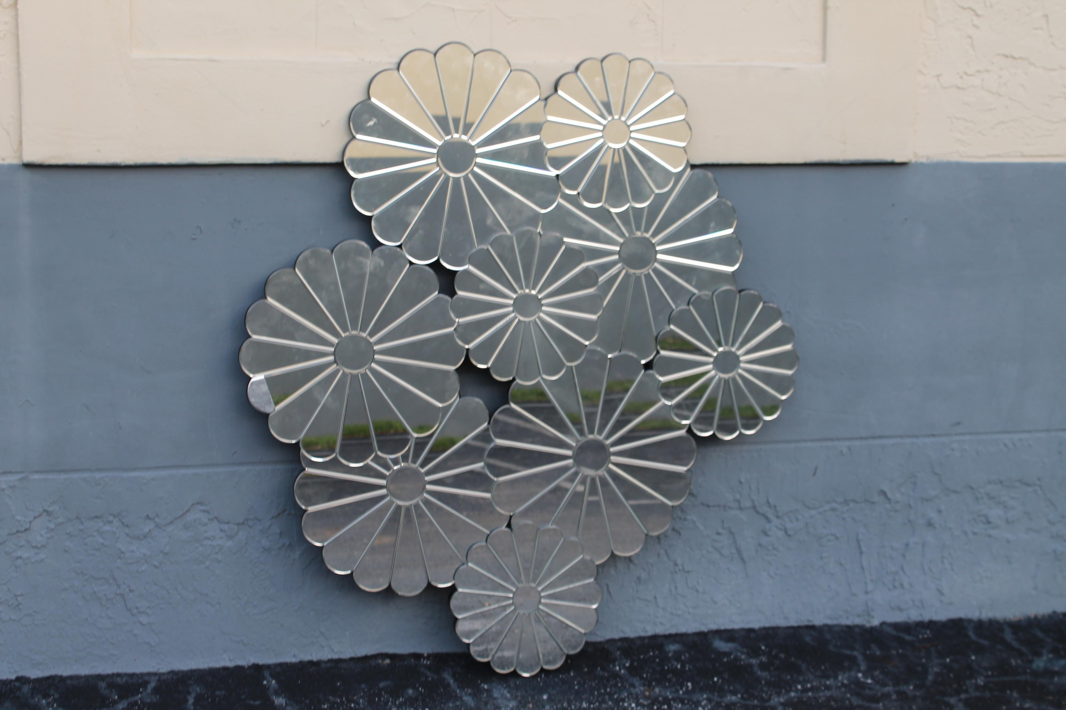 XL 1960's Mid Century Highly Detailed and Fully Mirrored Flowers Wall Mirror In Good Condition For Sale In Opa Locka, FL