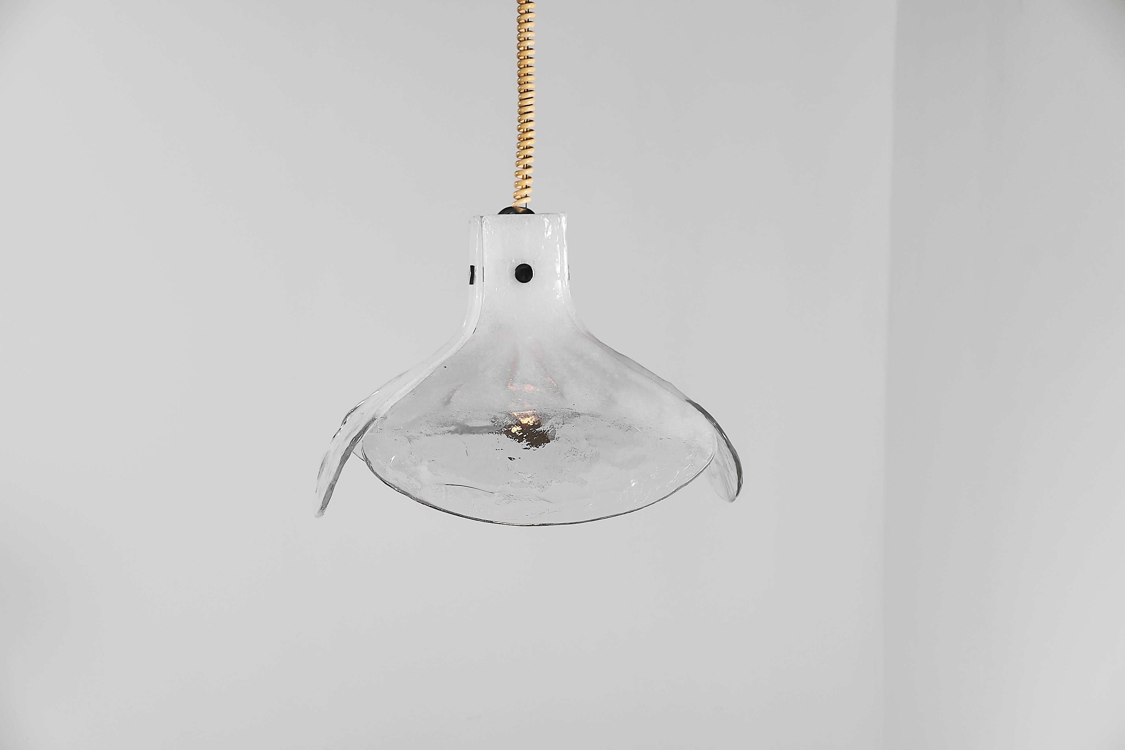 Mid-Century Modern floral pendant light. Four large and very thick hand blown clear and foamed Murano glass petals are supported by a metal frame. 

Design by Carlo Nason for Kalmar Franken lighting Austria, handmade by renowned Murano glassworks,