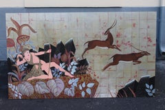 XL 1970's Vintage Art Deco Style Oil Painting on Board " Diana the Huntress"