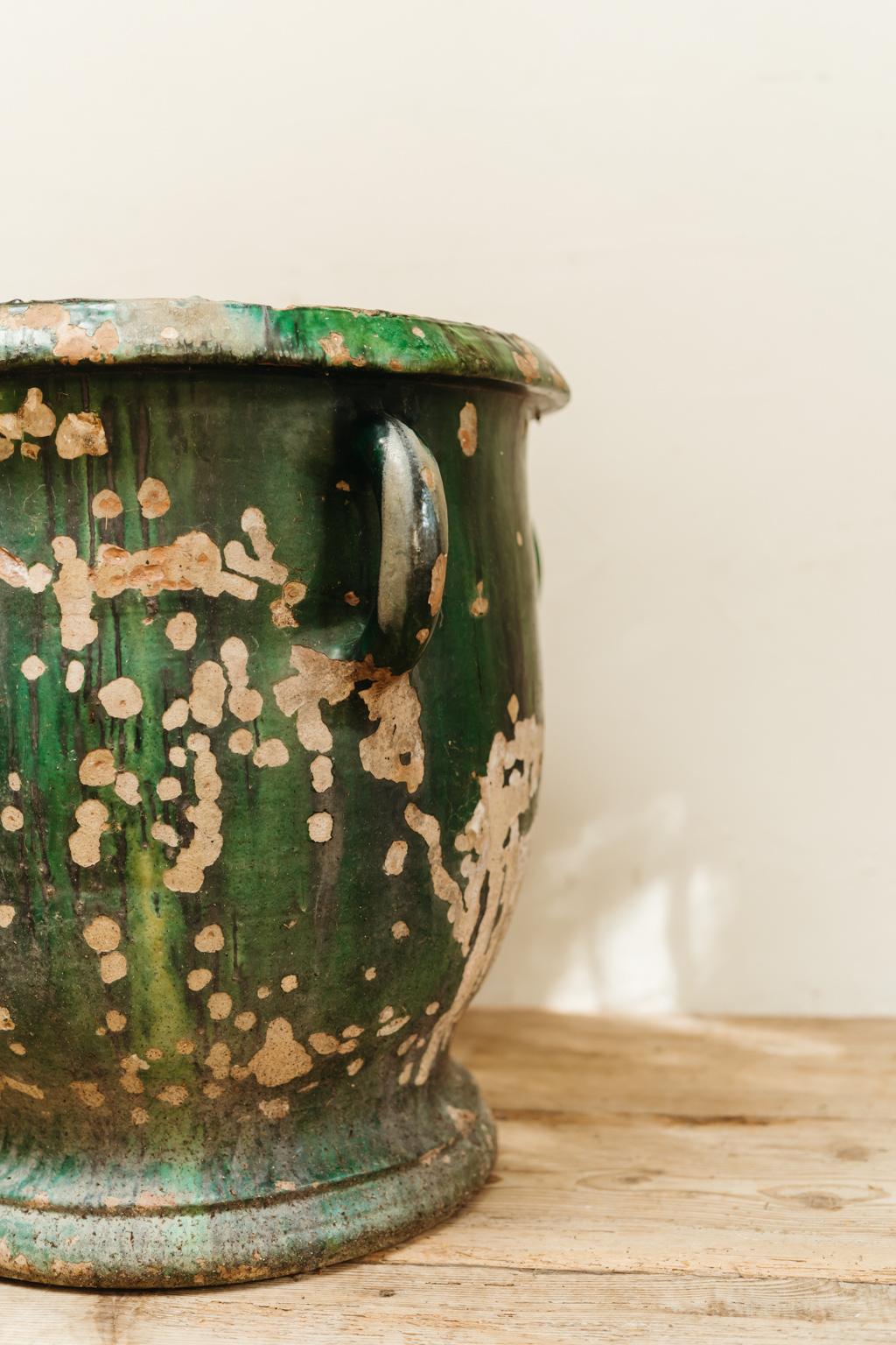 Sublime patina on this xl green glazed terra cotta planter / jardinière from Castelnaudary, this planter can be used indoors our outdoors, was created for a castle garden in the South of France.