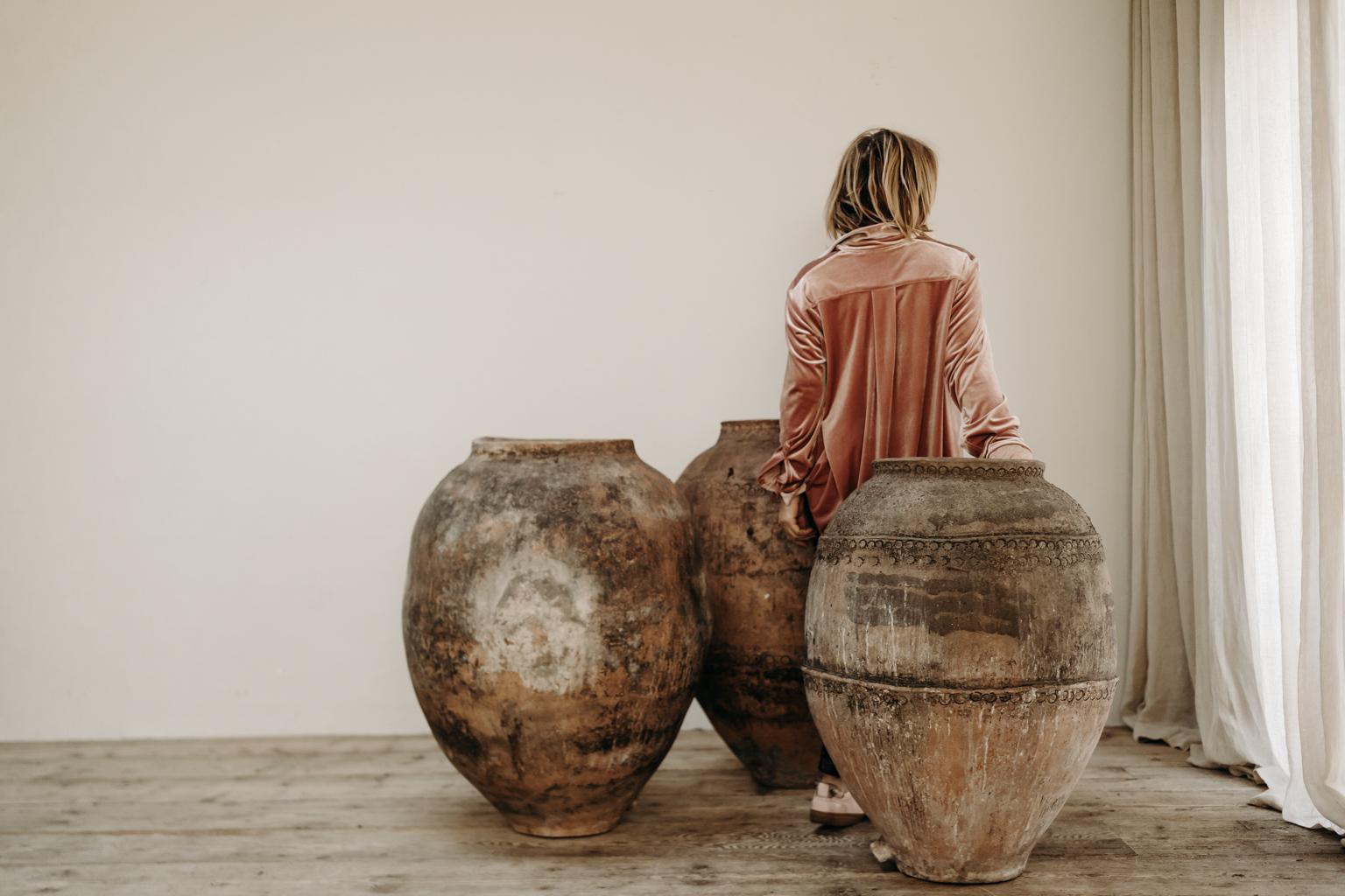 Wonderful patina on these xl Spanish jars, used for wine/olive oil in the region of Castilla y Léon, very decorative items, indoors or outdoors, dimensions are 
Quite big, one 95 cm high x 68 cm diameter, one 90 cm high x 66 cm diameter and one 84