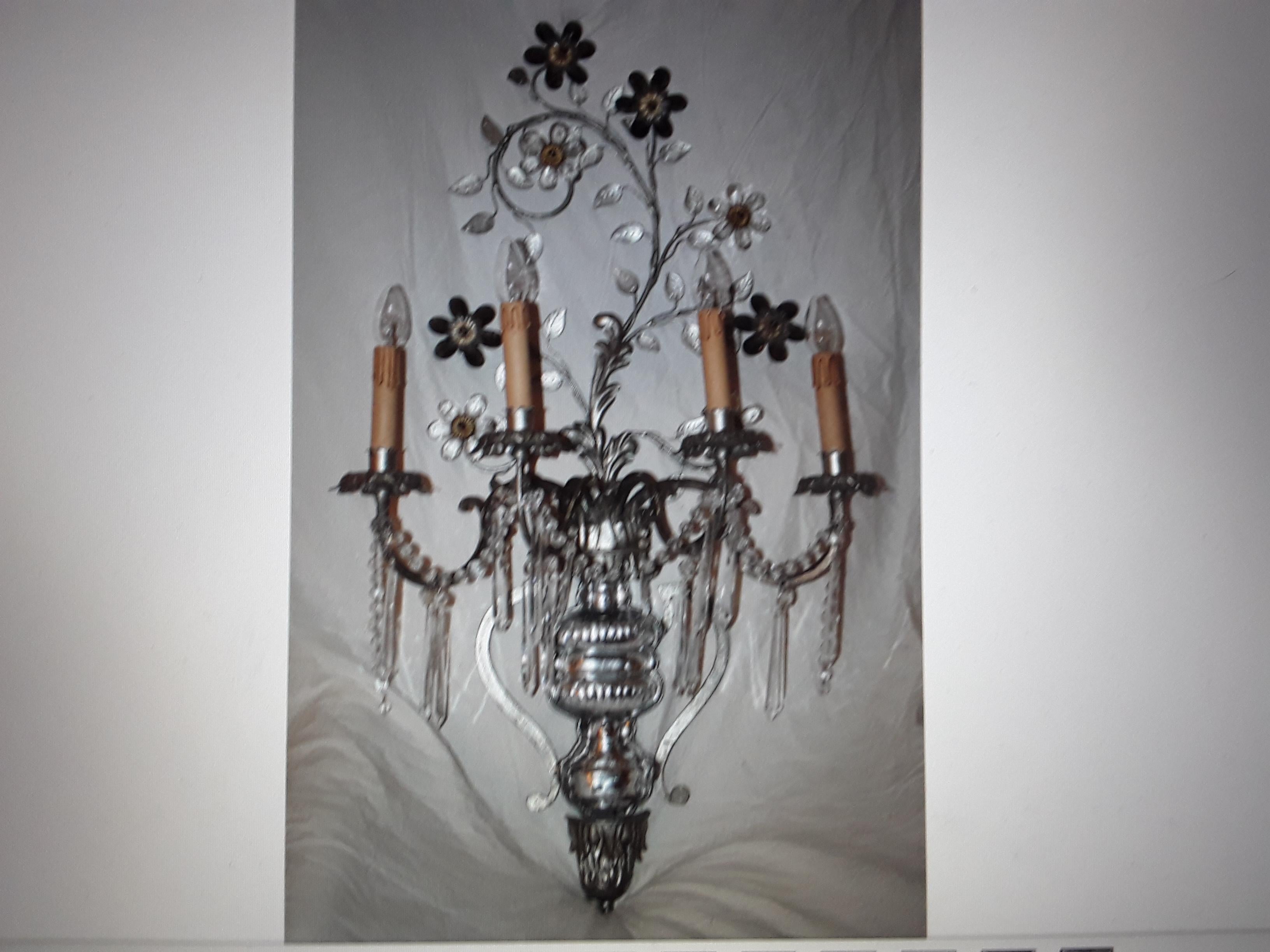 1940's Grand Scale Hollywood Regency Silvered Steel Vase Form Issuing Crystal Flowers and Petals- Amazing Wall Sconce. This is a large piece attributed to Maison Bagues Paris. Crystal vase, crystal flowers and crystal petals. 