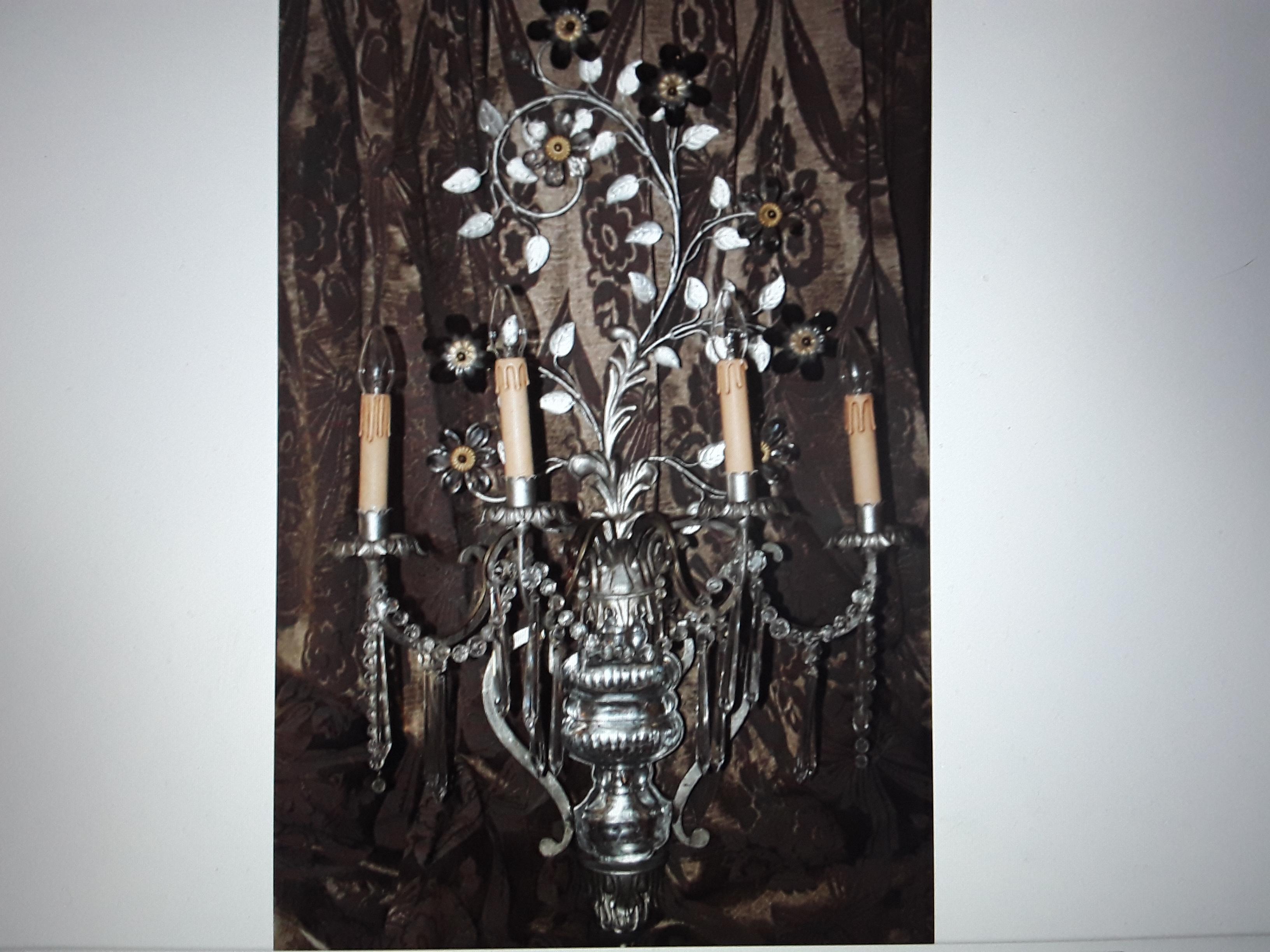 XL 40's French Hollywood Regency Crystal Floral Wall Sconce attr. Maison Bagues In Good Condition For Sale In Opa Locka, FL