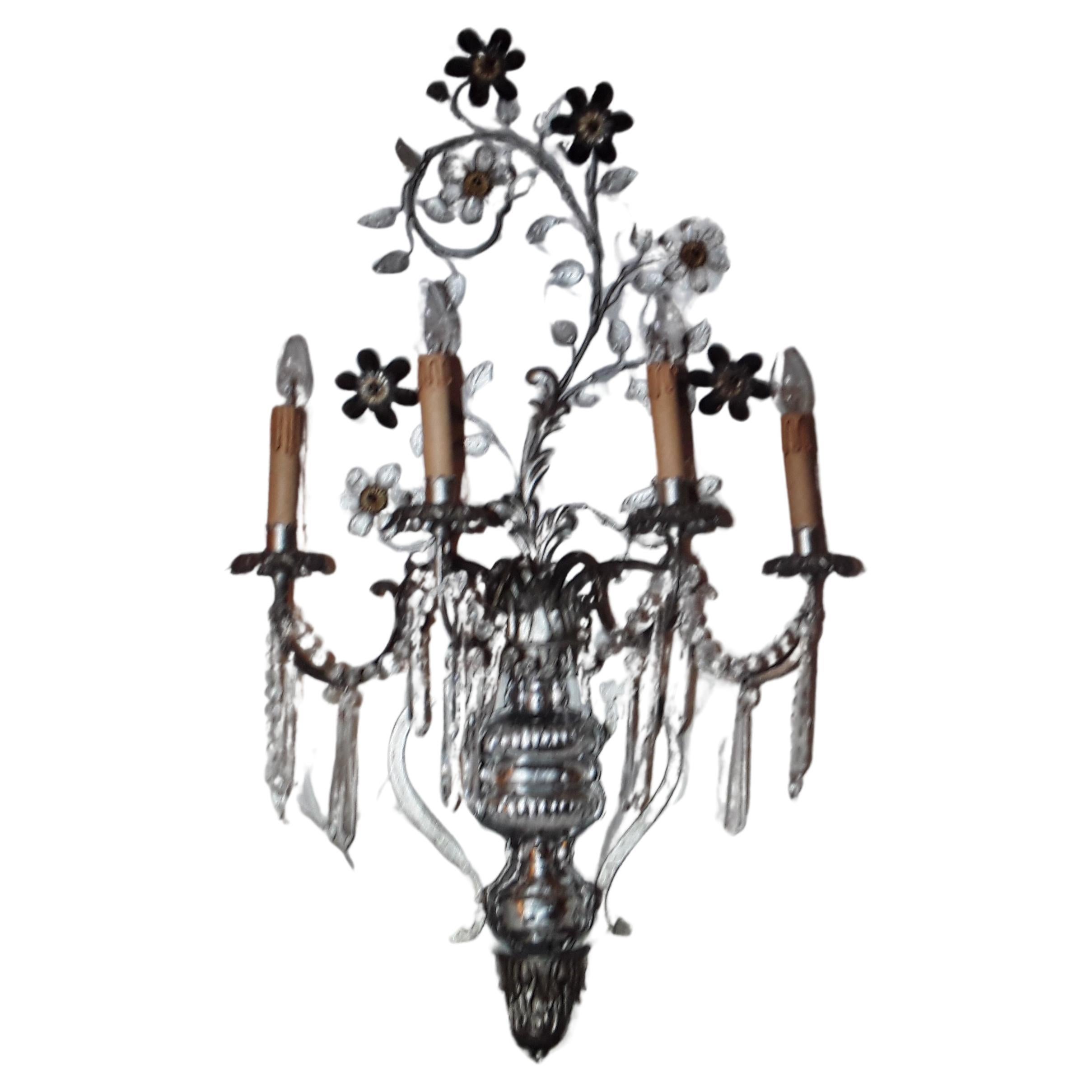 XL 40's French Hollywood Regency Crystal Floral Wall Sconce attr. Maison Bagues For Sale
