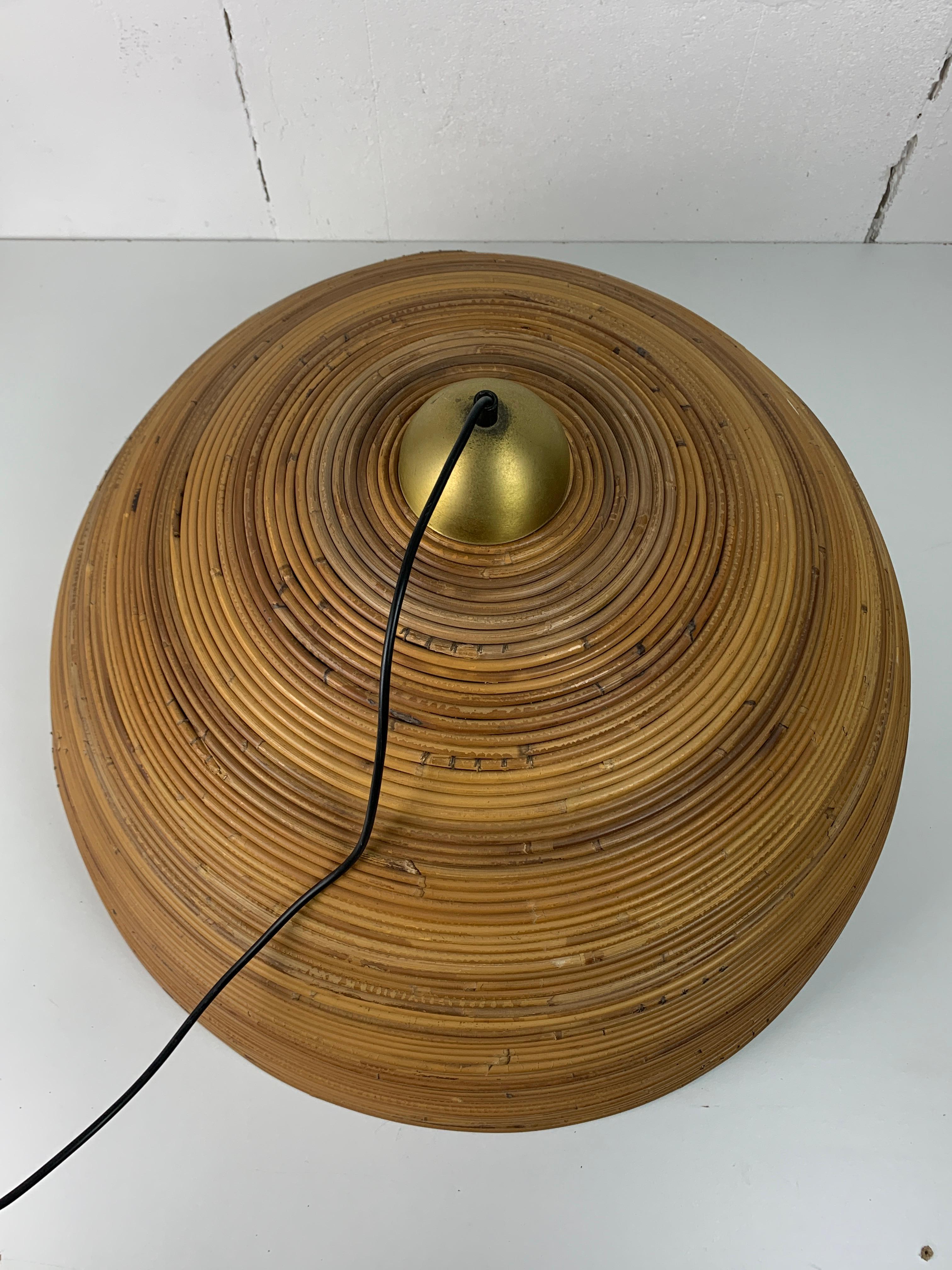 XL ( 71 cm ) pencil reed rattan bamboo and brass pendant hanging lamp, Italy 70s For Sale 3