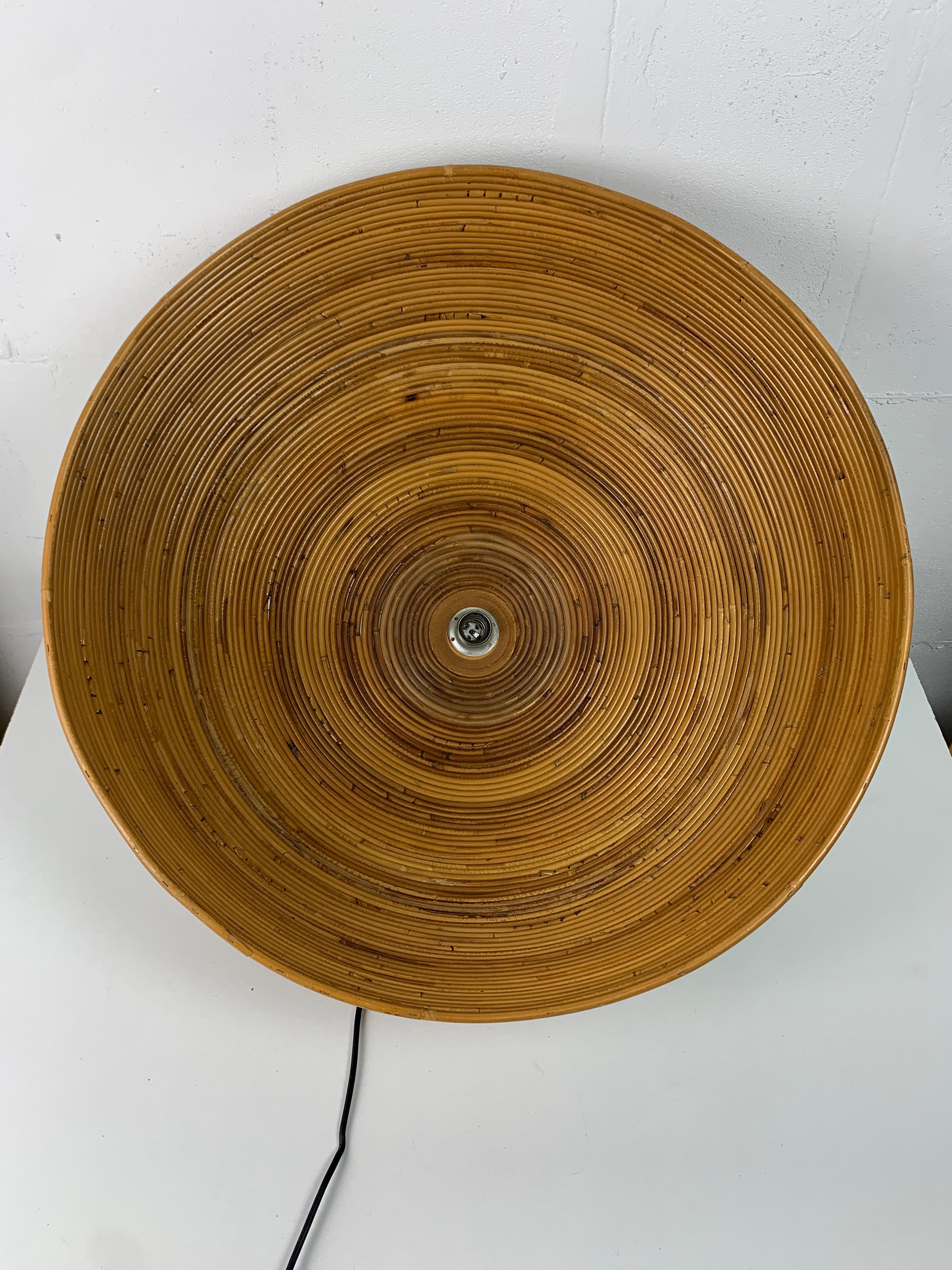 XL ( 71 cm ) pencil reed rattan bamboo and brass pendant hanging lamp, Italy 70s For Sale 4