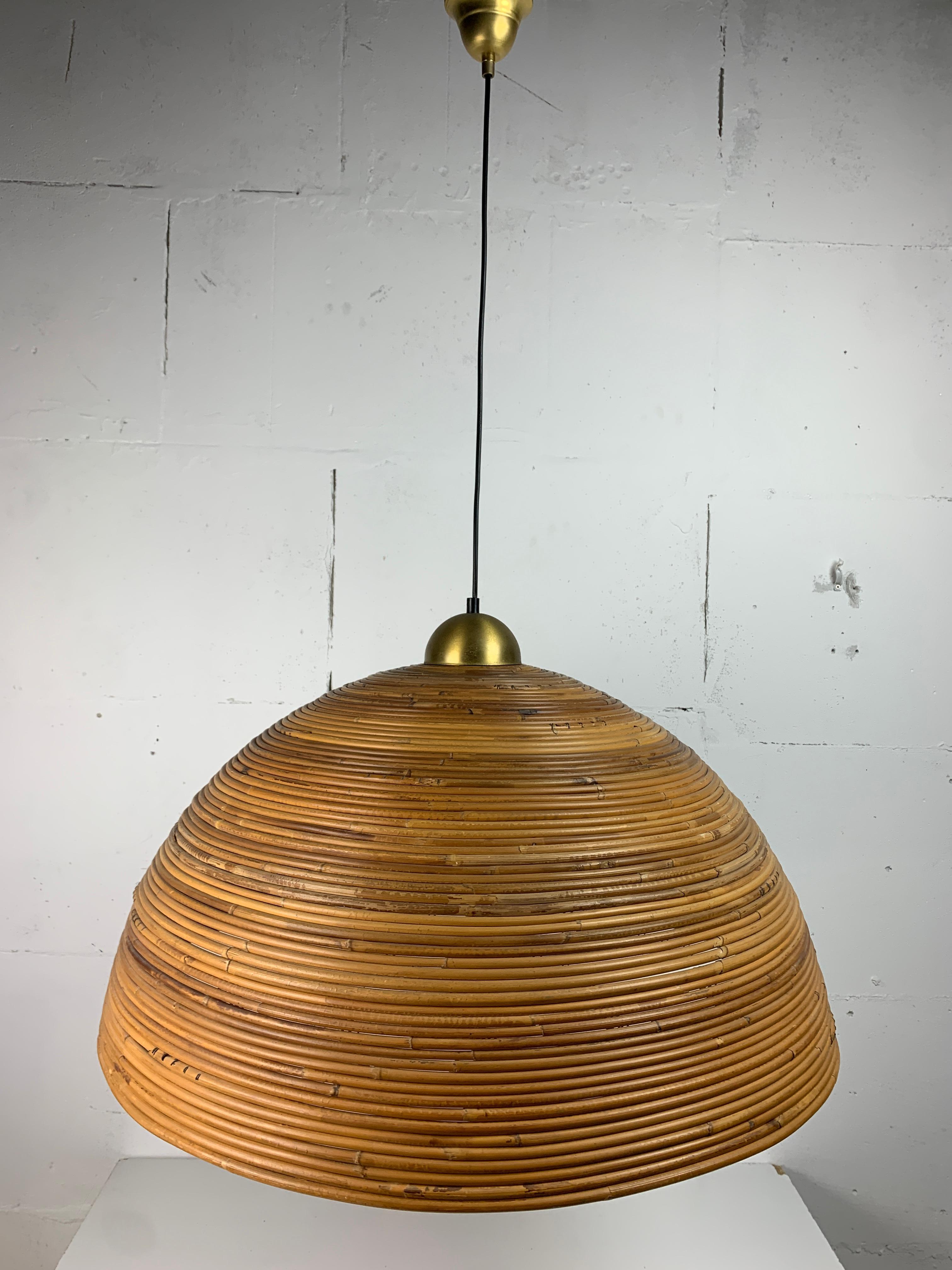 XL ( 71 cm ) pencil reed rattan bamboo and brass pendant hanging lamp, Italy 70s For Sale 6