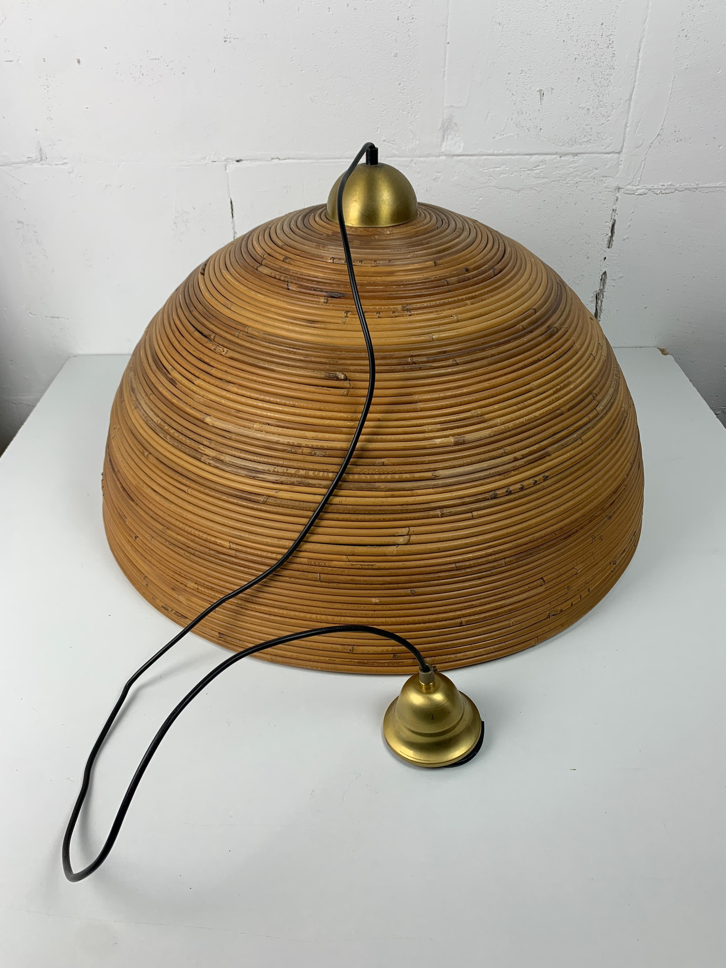 Italian XL ( 71 cm ) pencil reed rattan bamboo and brass pendant hanging lamp, Italy 70s For Sale