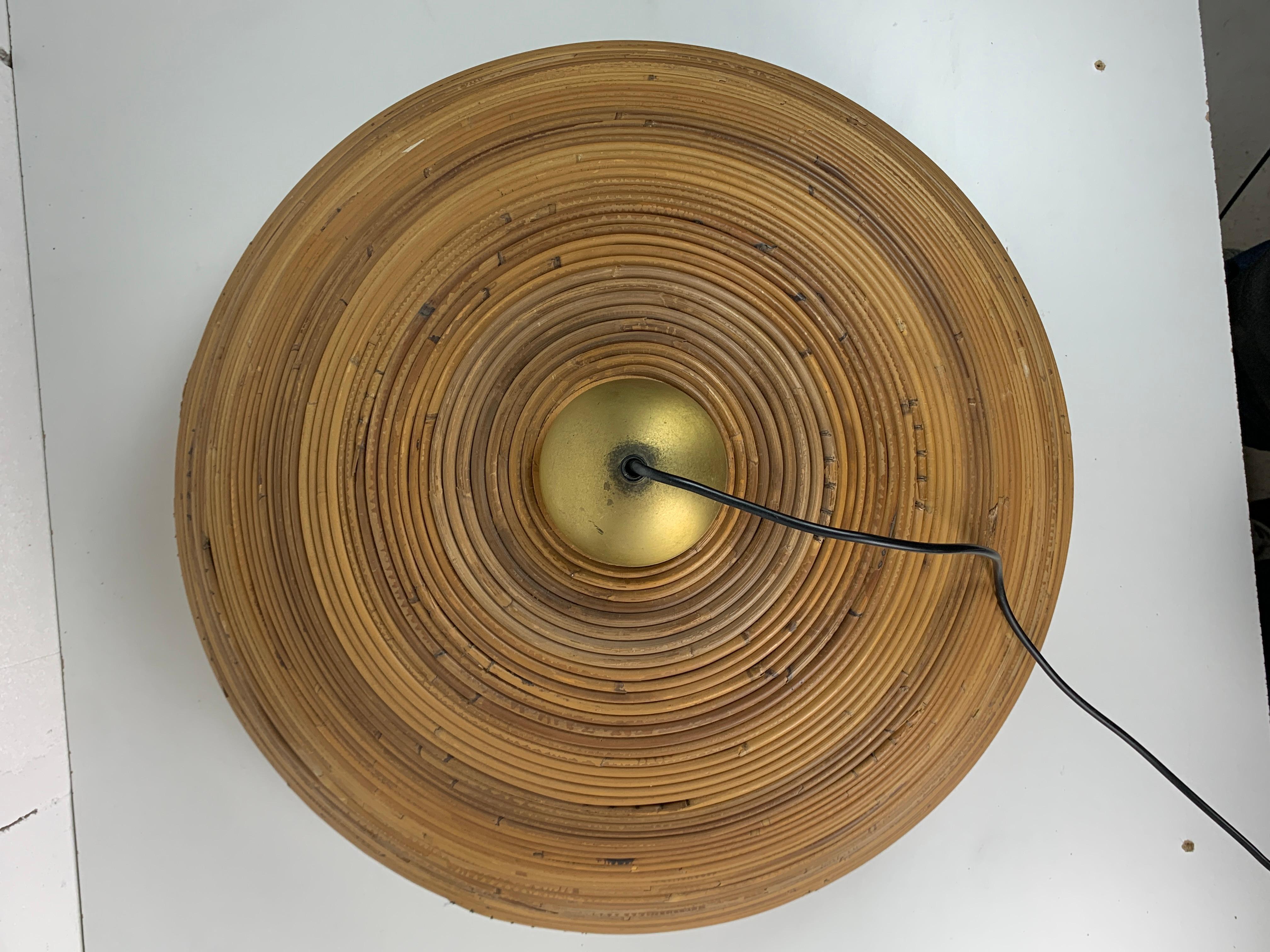 XL ( 71 cm ) pencil reed rattan bamboo and brass pendant hanging lamp, Italy 70s For Sale 2