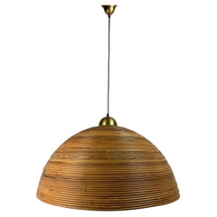 XL ( 71 cm) Bleistift Schilf Rattan Bambus und Messing Hängeleuchte, Italien 70er Jahre