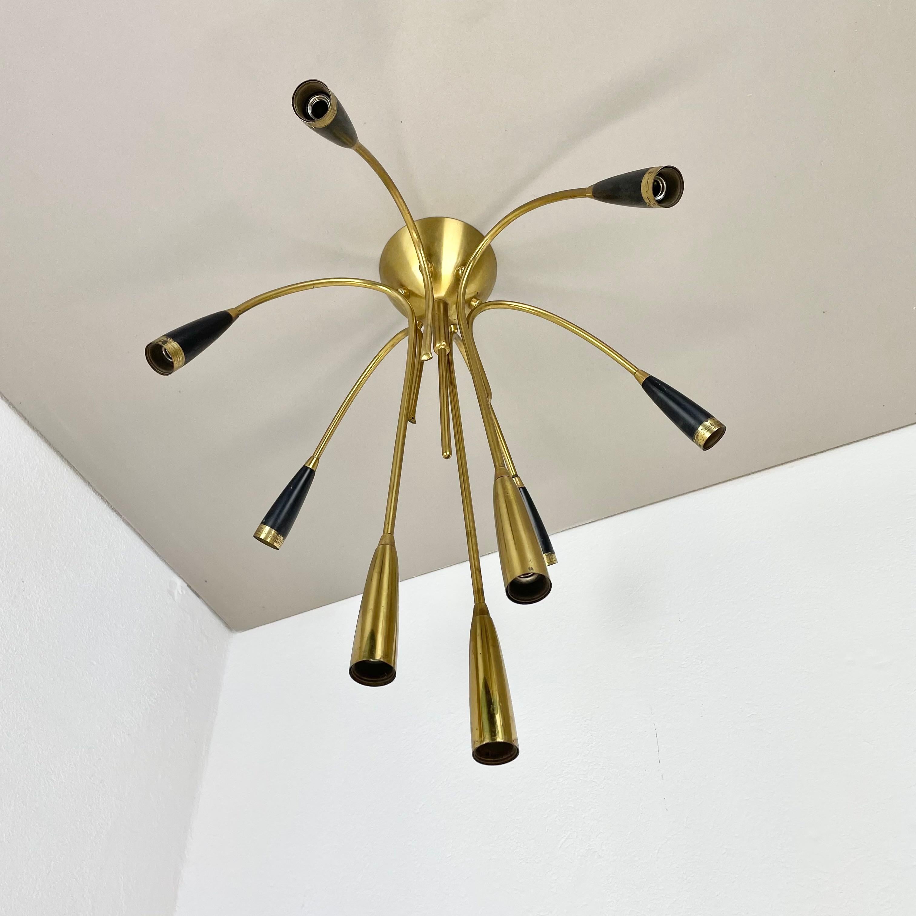 Mid-Century Modern xl 9 arm Brass Stilnovo Gino Sarfatti Style Ceiling Light Flushmount Italy 1950 For Sale