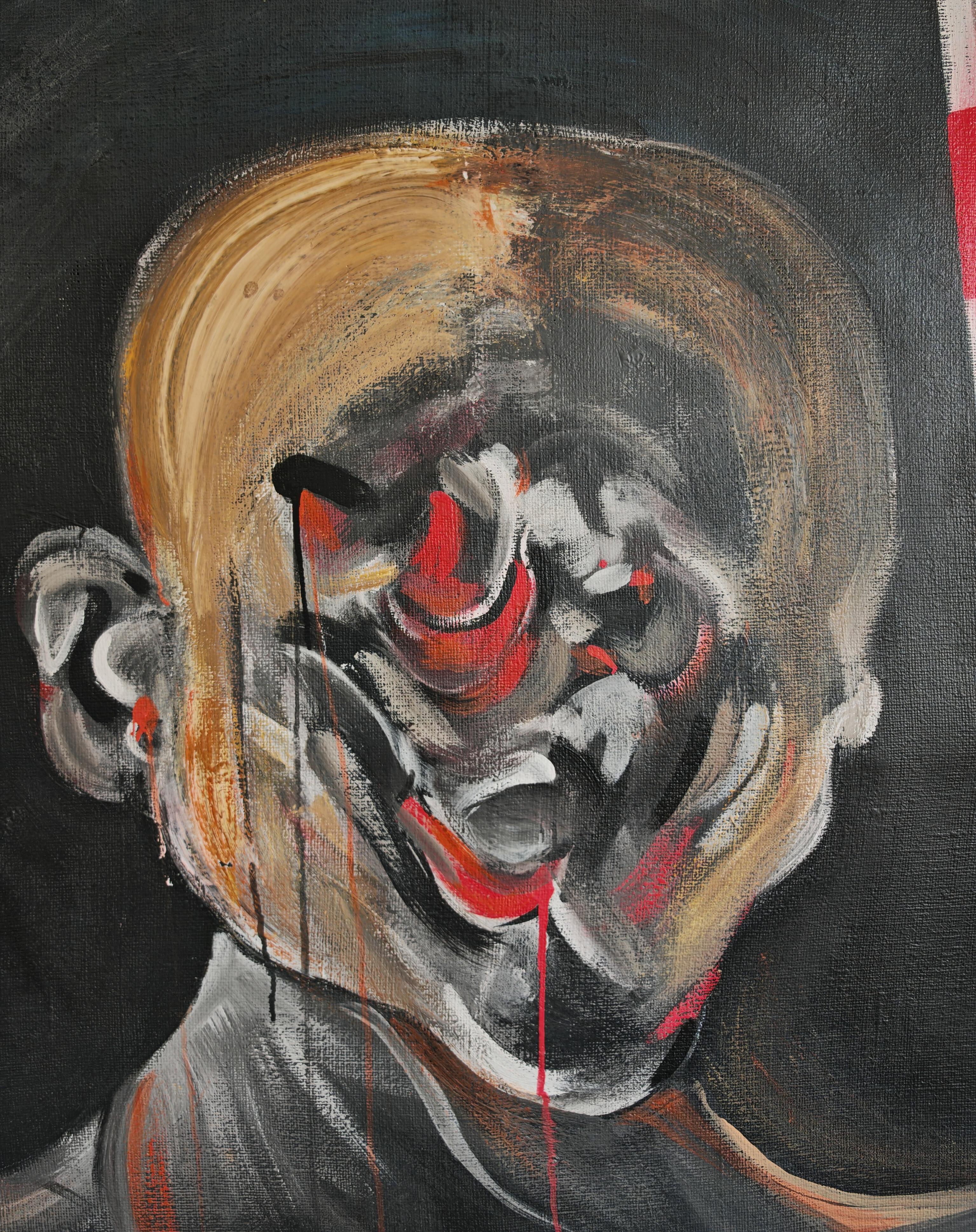 In this listing you will find an extra large oil painting depicting an abstract head of a figure, in dark tones. The painting is done by an unknown artist, with a heavy influence of of the work of Vladimir Velickovic and Francis Bacon, featuring
