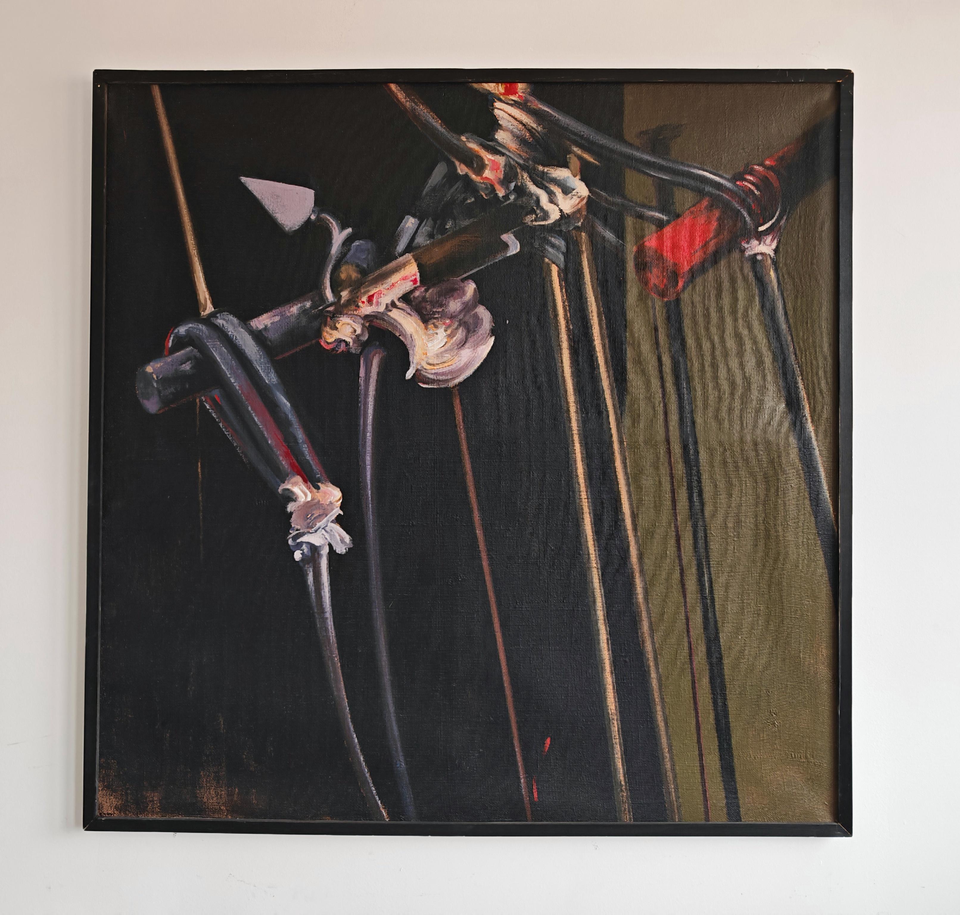 In this listing you will find an extra large abstract oil painting, in dark tones. The painting is not signed, hence it is being sold as by an unknown artist. The painting ks heavily influenced by the work of Vladimir Velickovic, featuring some of