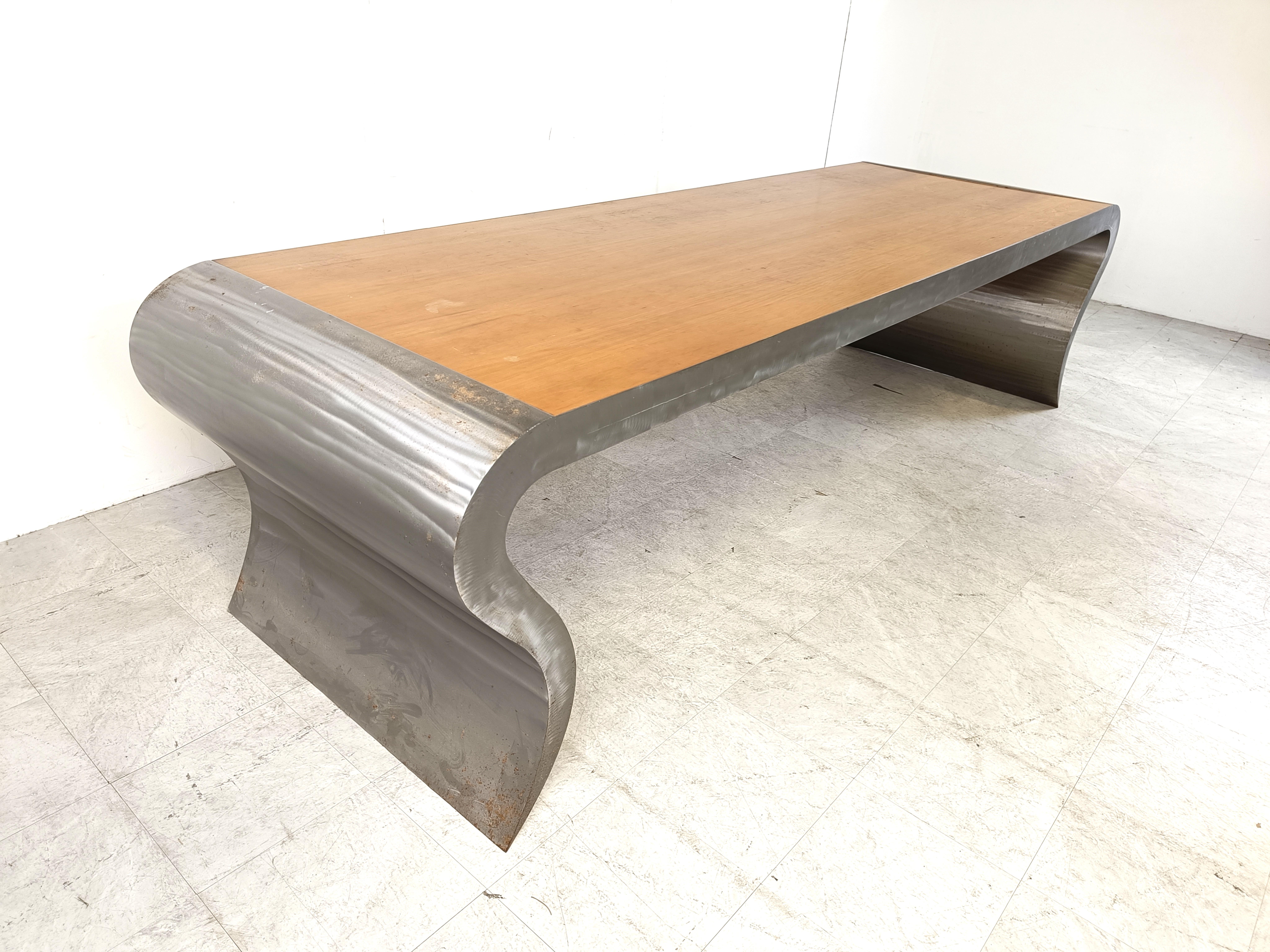 XL aluminum and wooden dining table, 1990s For Sale 3