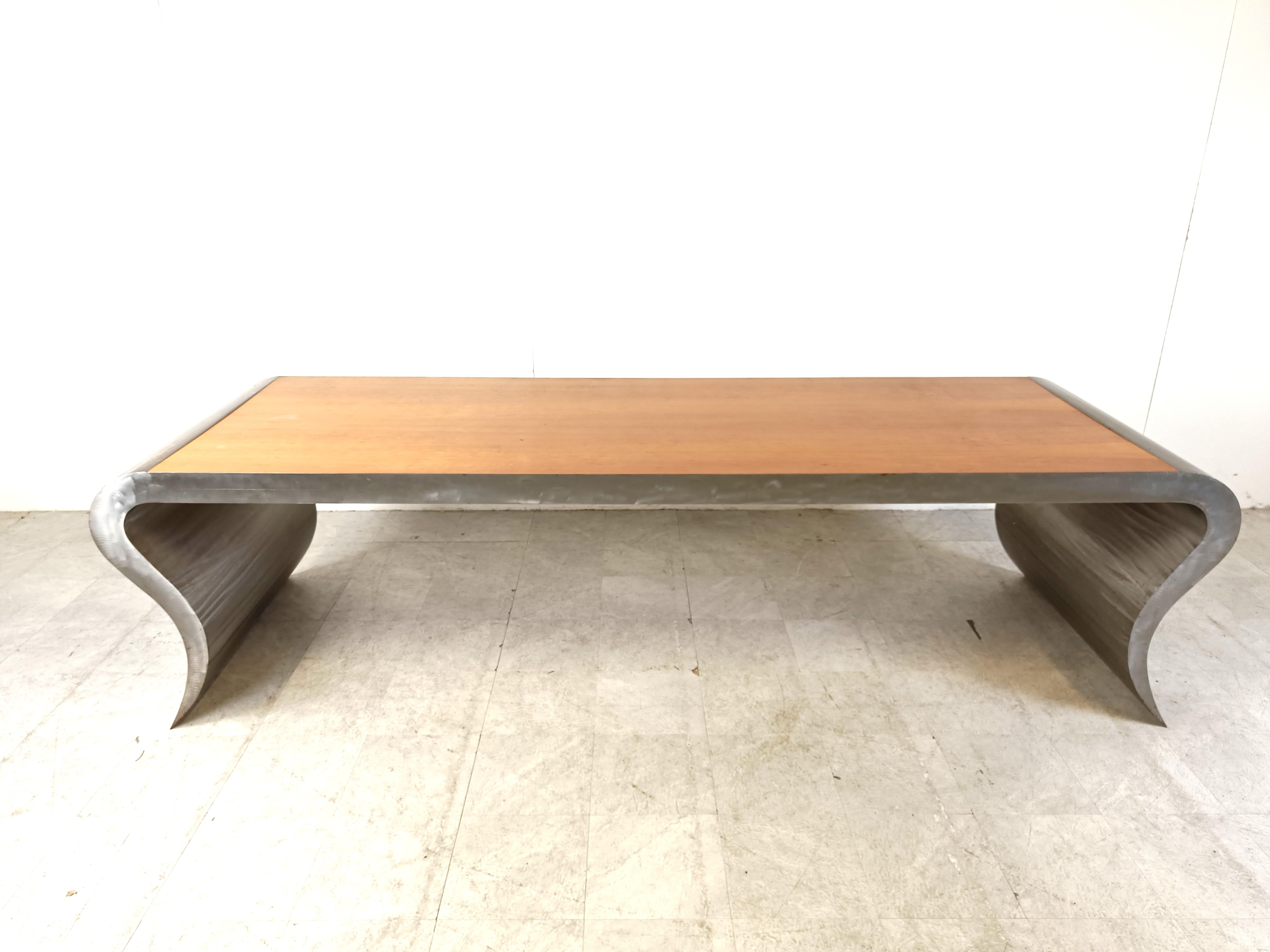 Post-Modern XL aluminum and wooden dining table, 1990s For Sale