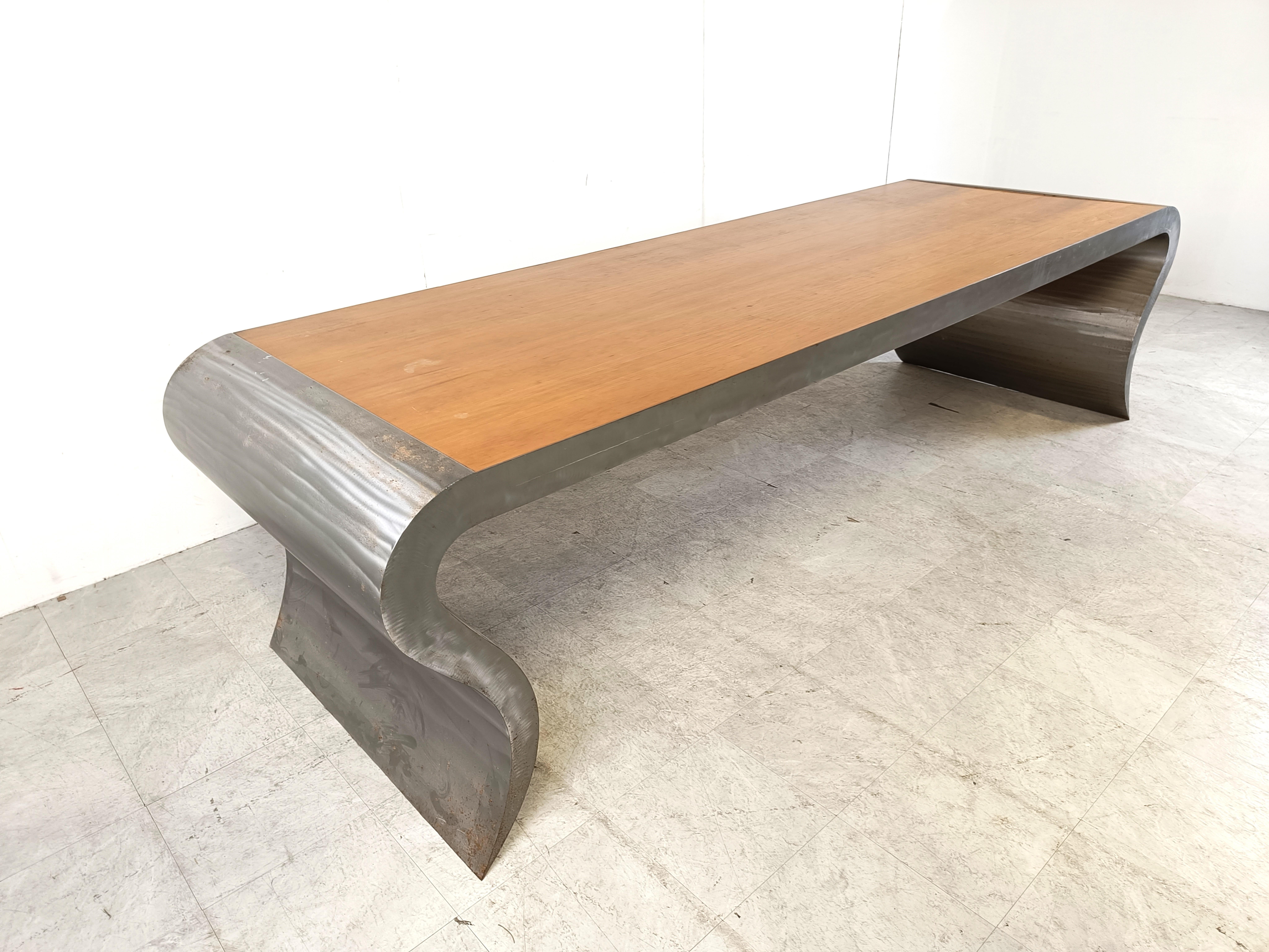 Belgian XL aluminum and wooden dining table, 1990s For Sale