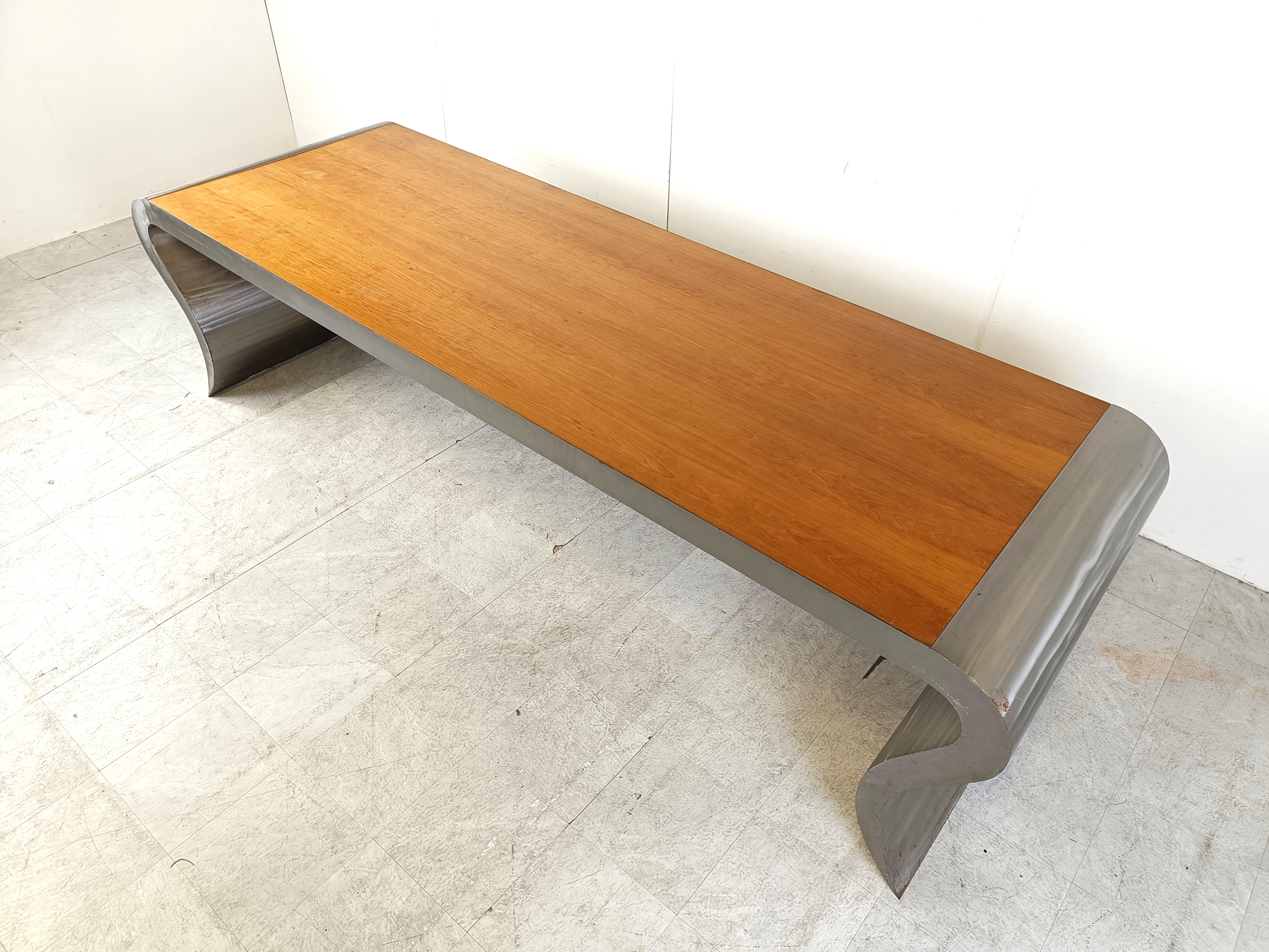 XL aluminum and wooden dining table, 1990s For Sale 1