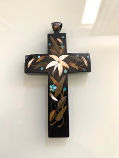 XL Antique 19th Century Victorian Pietra Dura Black Marble Cross Pendant