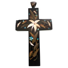 XL Antique 19th Century Victorian Pietra Dura Black Marble Cross Pendant