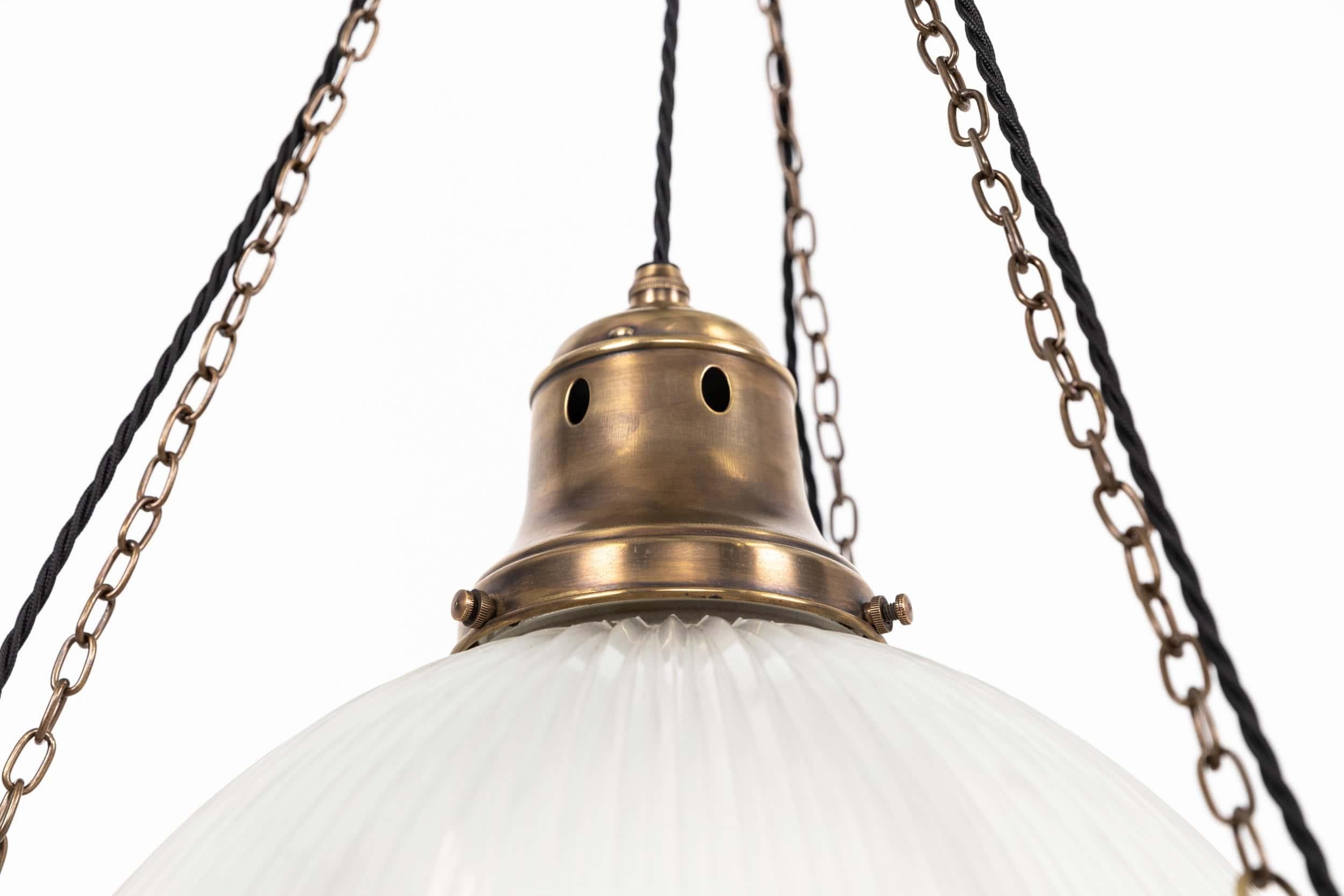 XL Antique Brass Holophane Prismatic Glass Chandelier Pendant Light, C.1920 in vendita 3