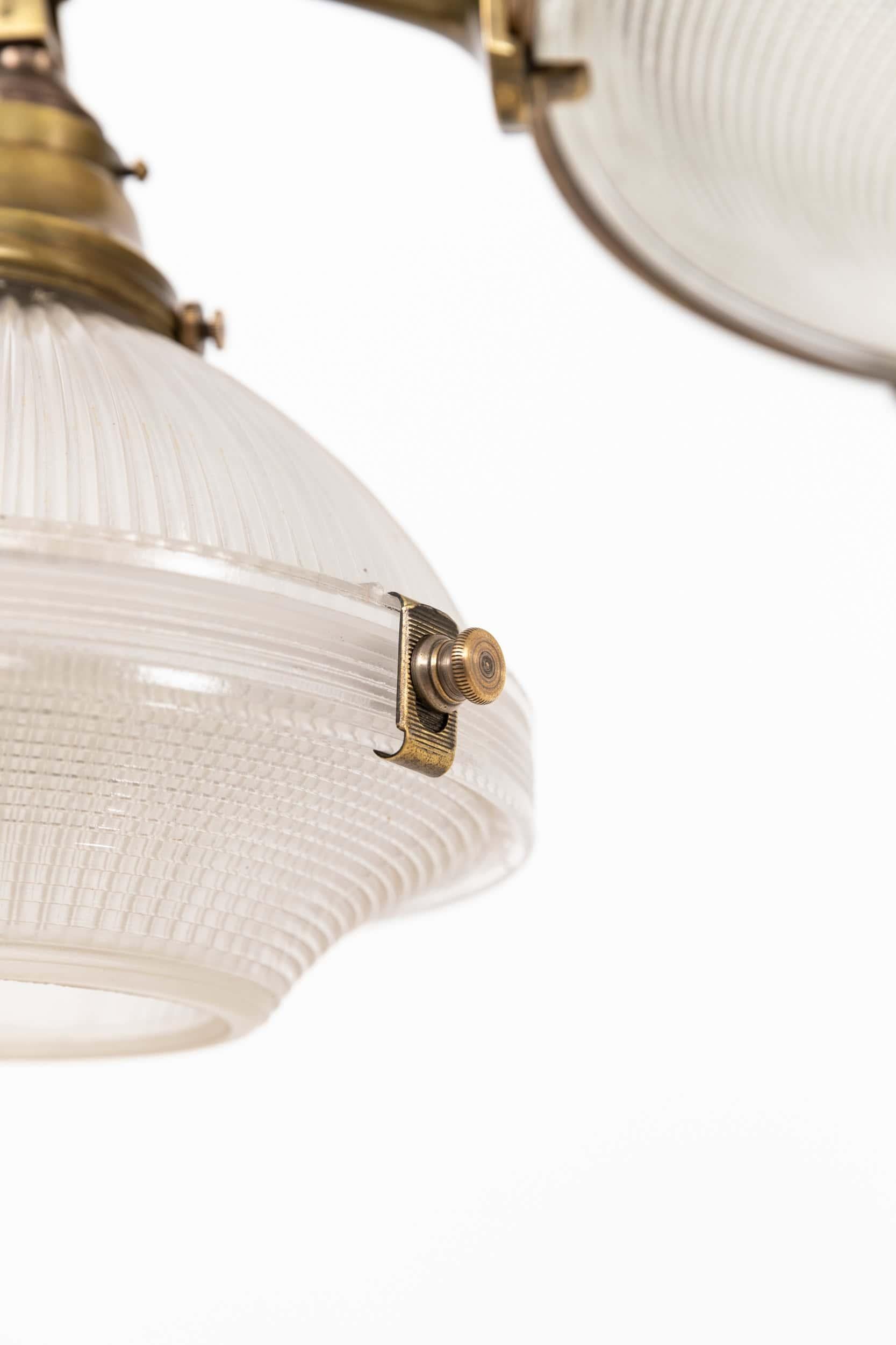 XL Antique Brass Holophane Prismatic Glass Chandelier Pendant Light, C.1920 in vendita 4