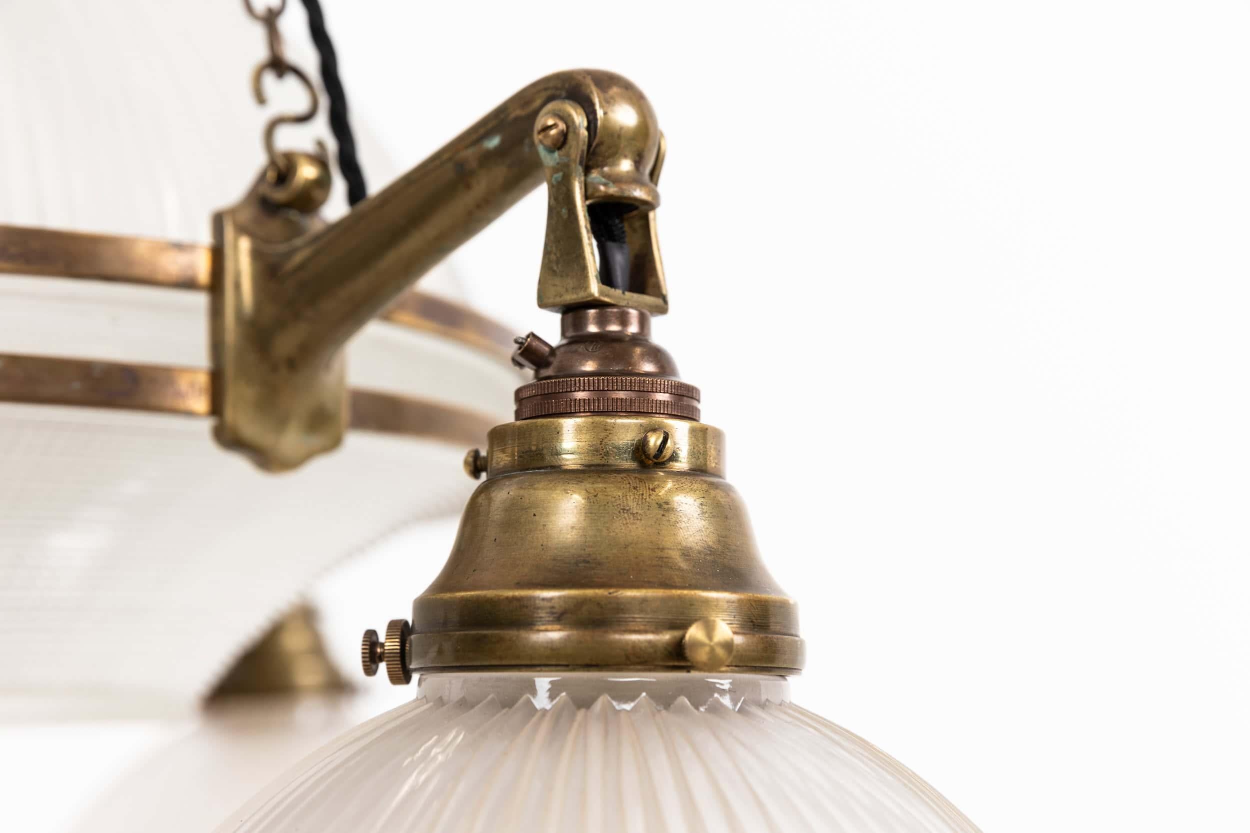 XL Antique Brass Holophane Prismatic Glass Chandelier Pendant Light, C.1920 in vendita 5
