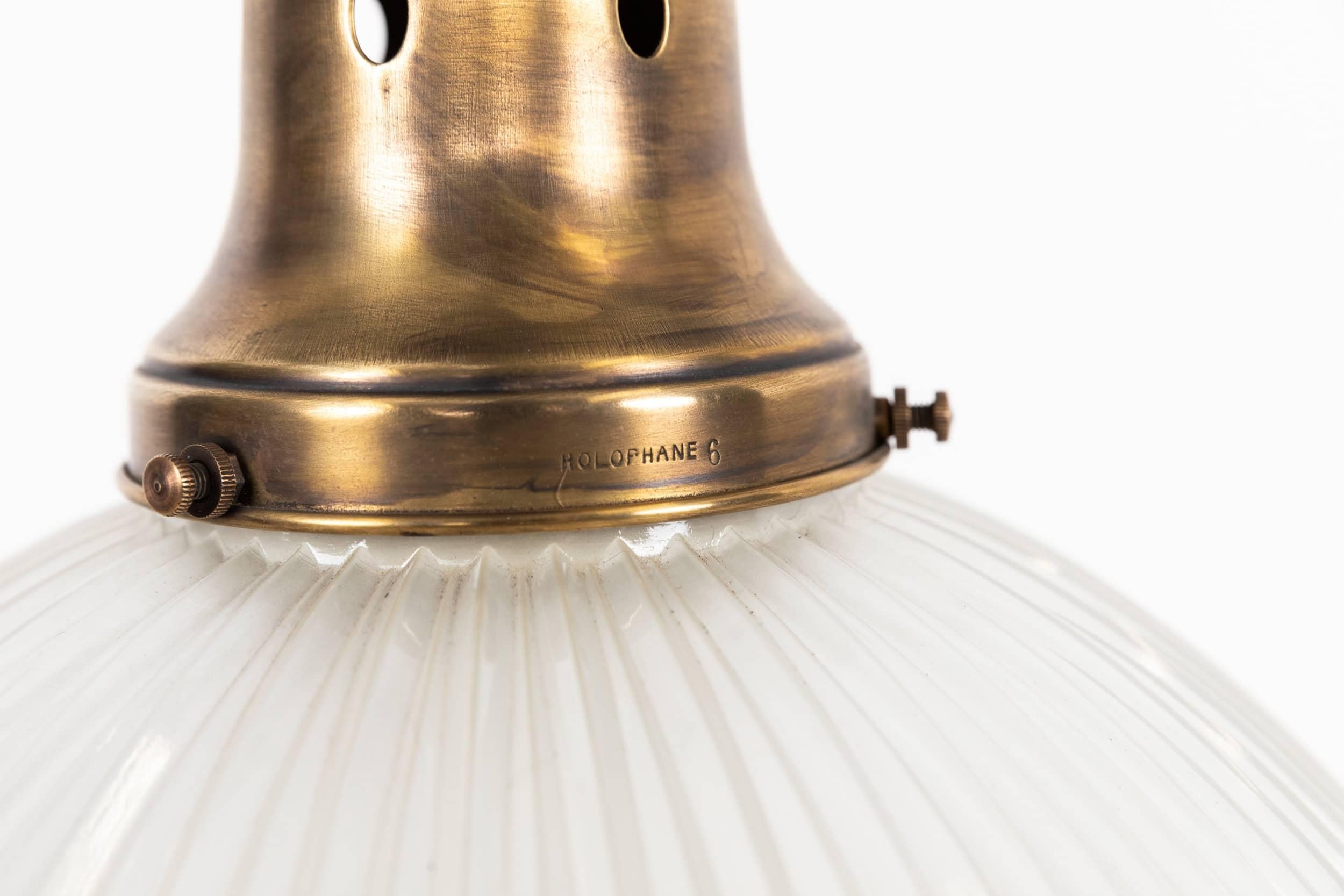 XL Antique Brass Holophane Prismatic Glass Chandelier Pendant Light, C.1920 in vendita 6