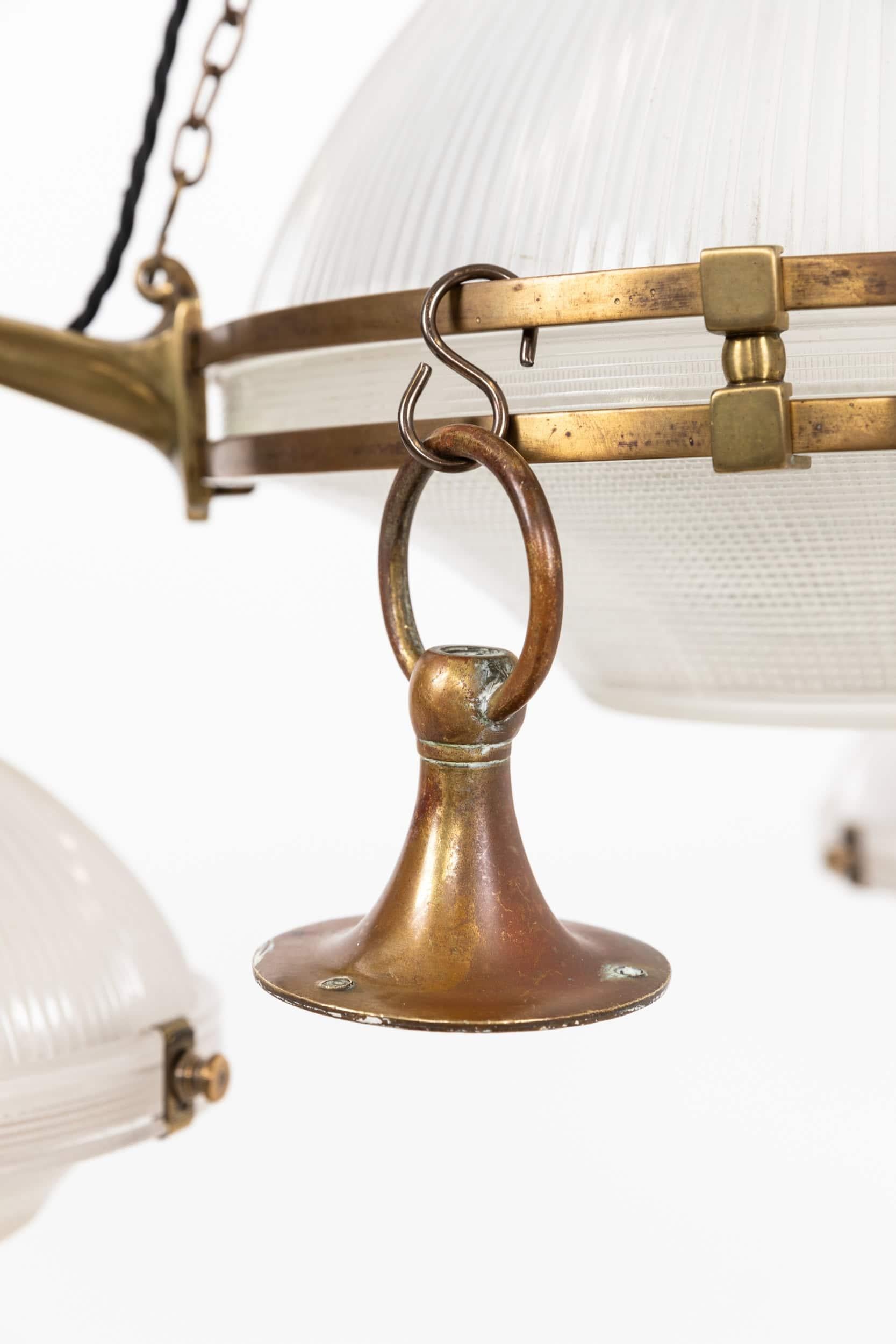XL Antique Brass Holophane Prismatic Glass Chandelier Pendant Light, C.1920 in vendita 7