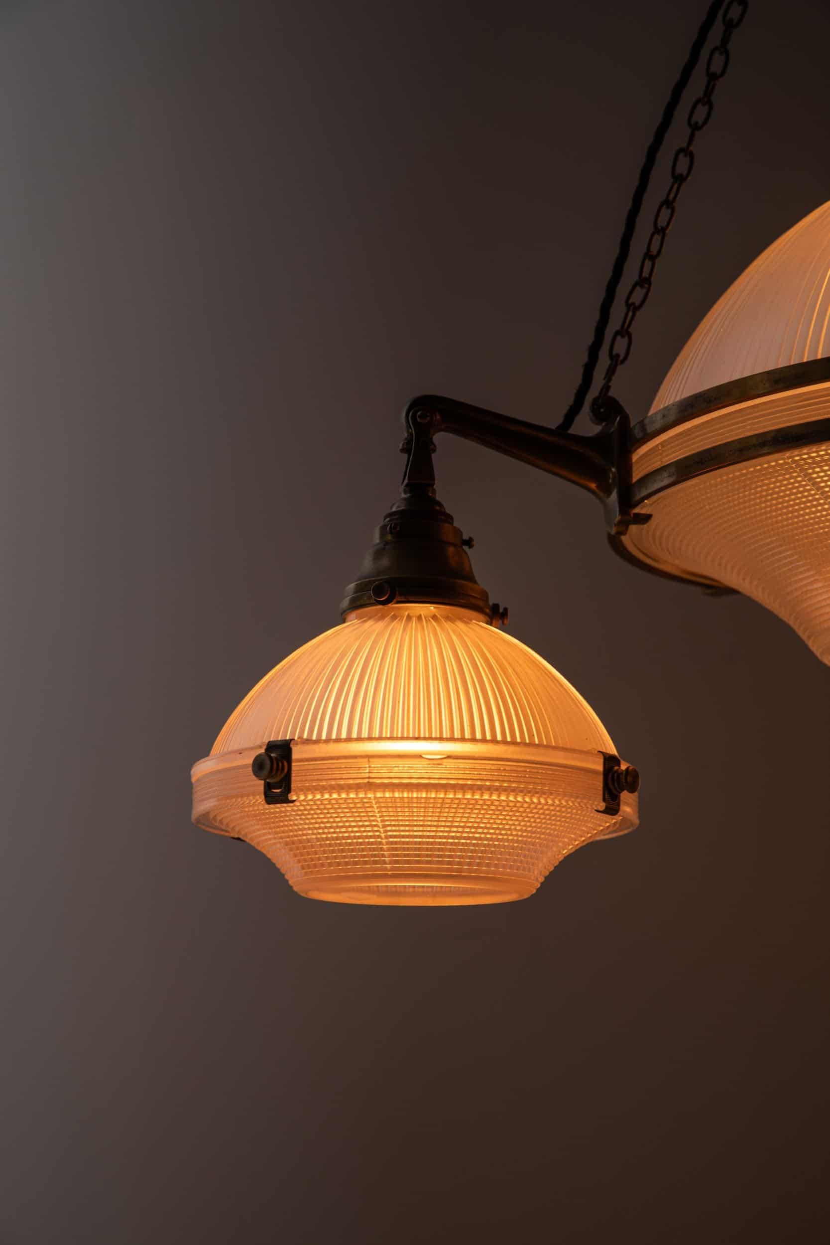 Art Déco XL Antique Brass Holophane Prismatic Glass Chandelier Pendant Light, C.1920 in vendita