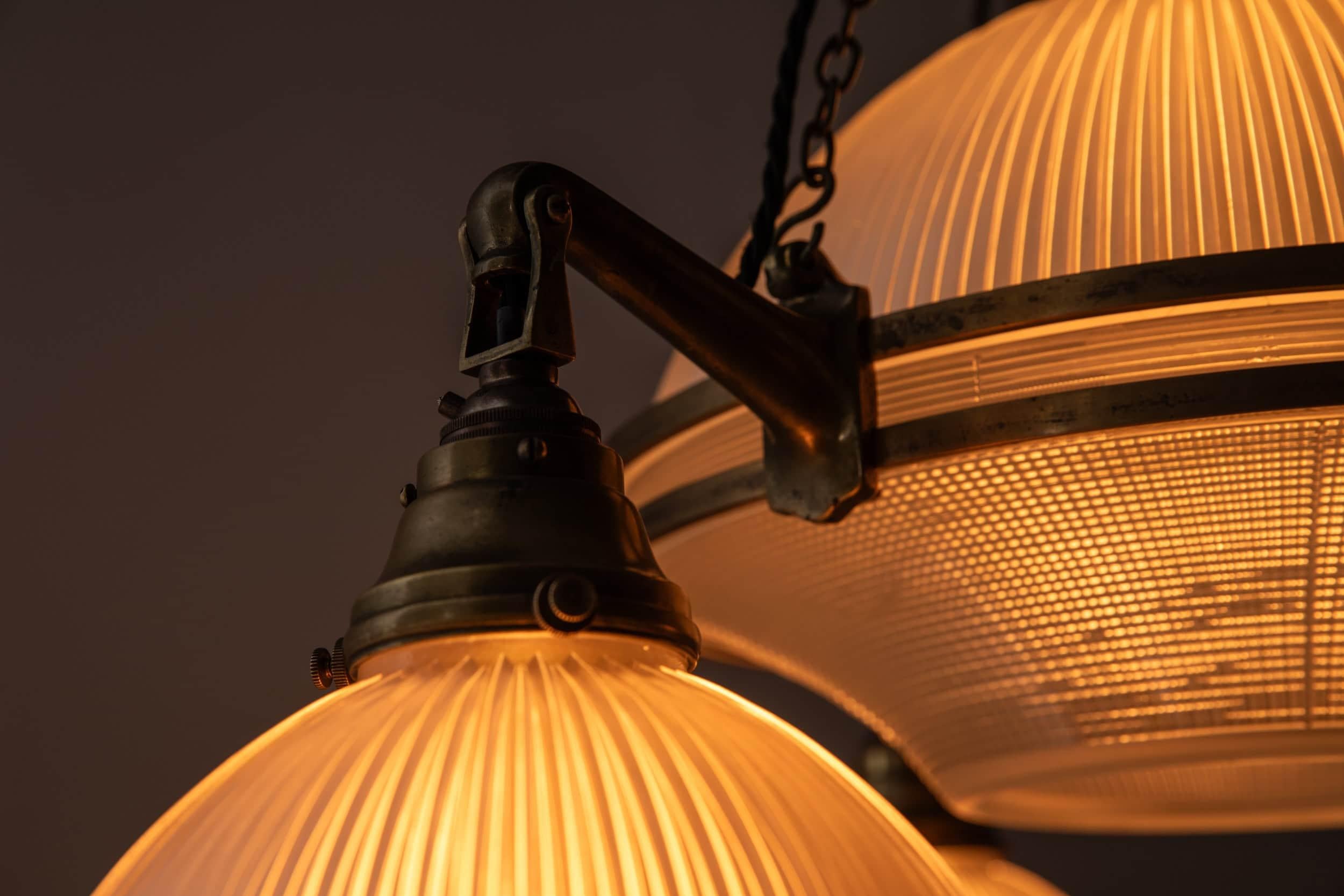 Inglese XL Antique Brass Holophane Prismatic Glass Chandelier Pendant Light, C.1920 in vendita