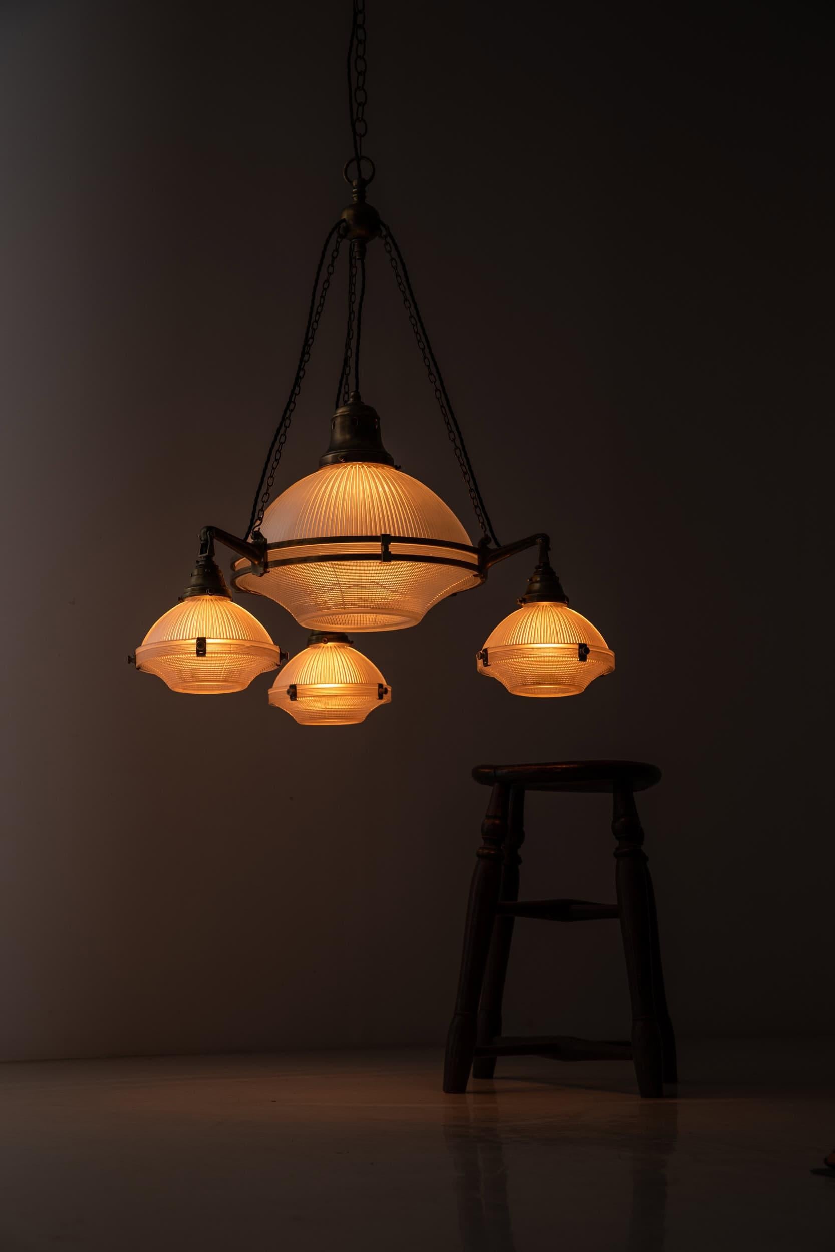 XL Antique Brass Holophane Prismatic Glass Chandelier Pendant Light, C.1920 In condizioni buone in vendita a London, GB