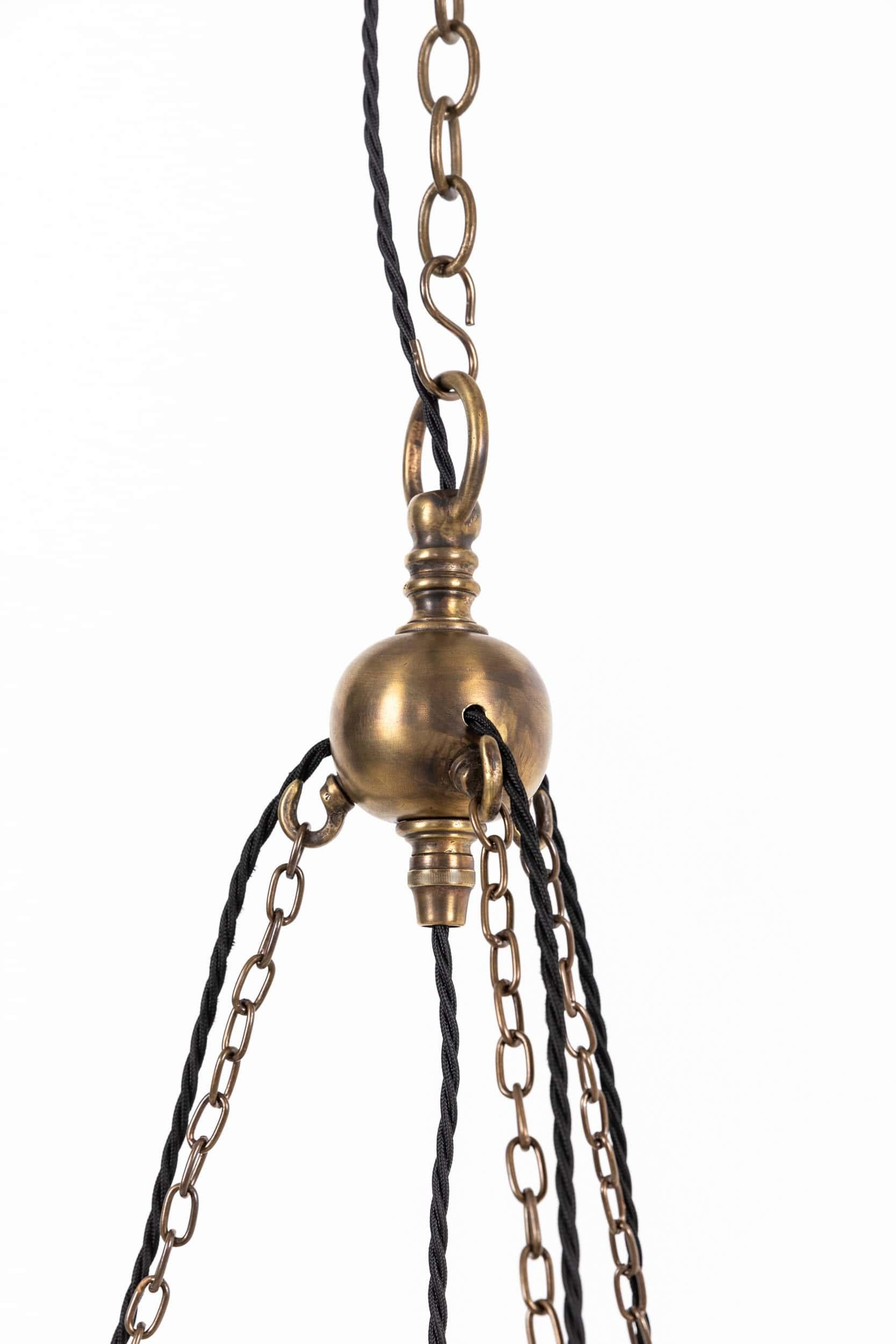 XX secolo XL Antique Brass Holophane Prismatic Glass Chandelier Pendant Light, C.1920 in vendita