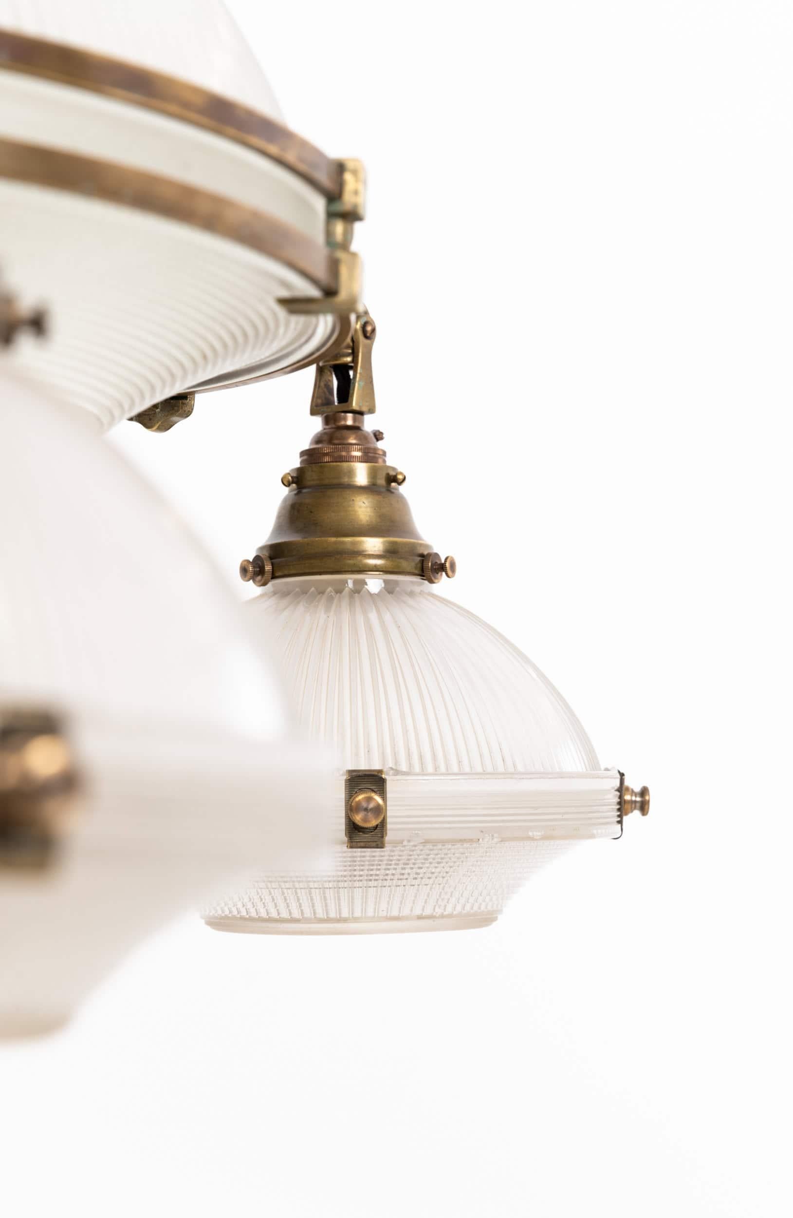 Ottone XL Antique Brass Holophane Prismatic Glass Chandelier Pendant Light, C.1920 in vendita