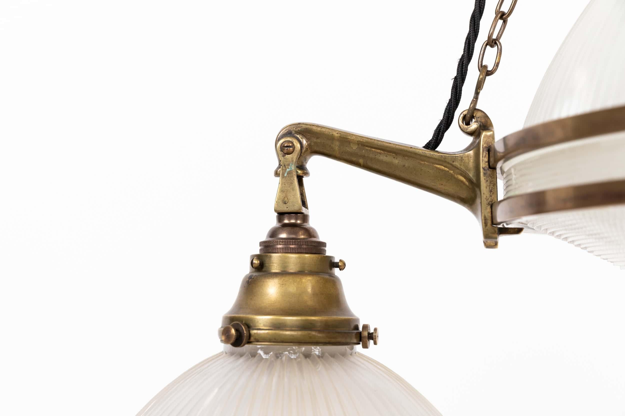 XL Antique Brass Holophane Prismatic Glass Chandelier Pendant Light, C.1920 in vendita 1