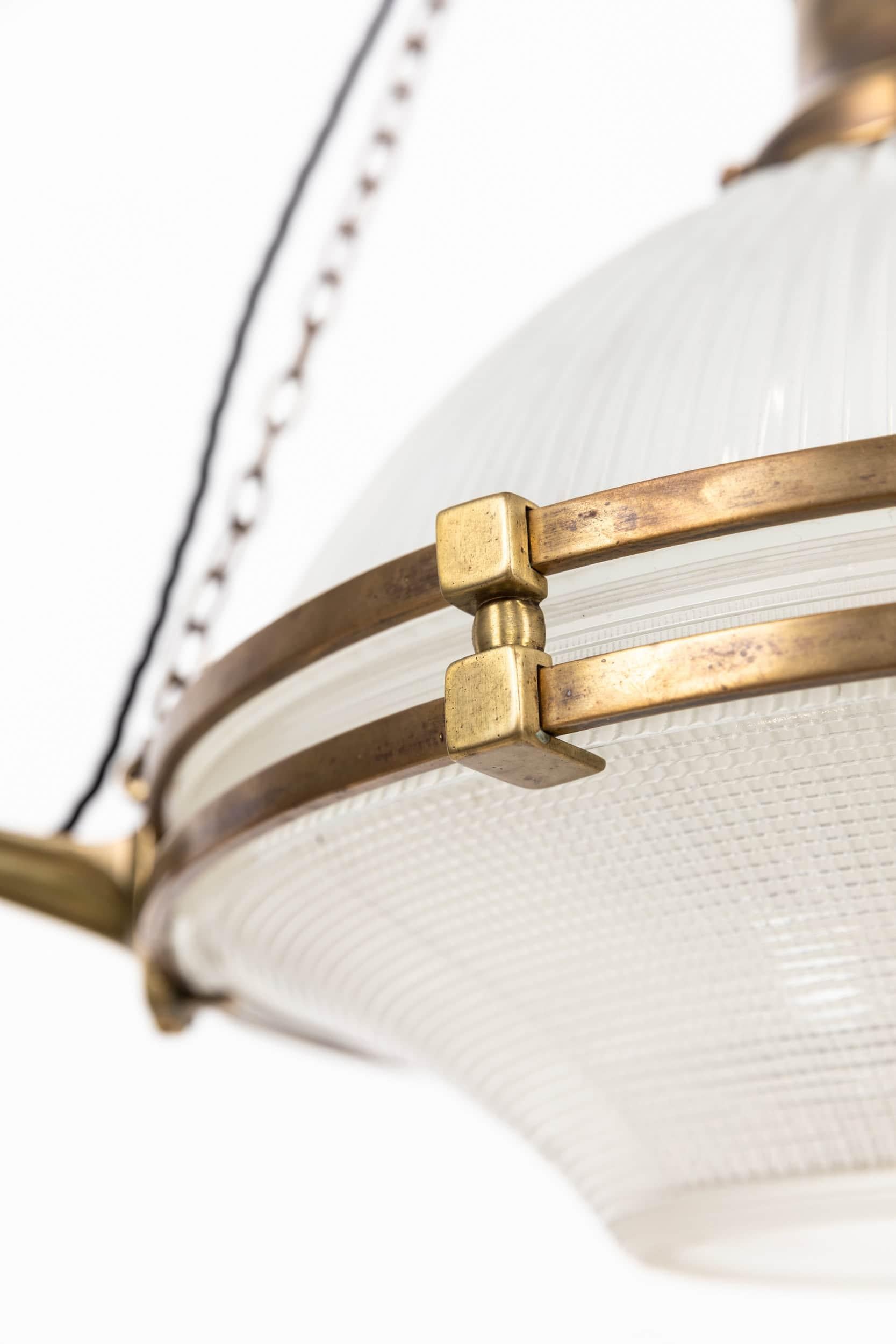 XL Antique Brass Holophane Prismatic Glass Chandelier Pendant Light, C.1920 in vendita 2