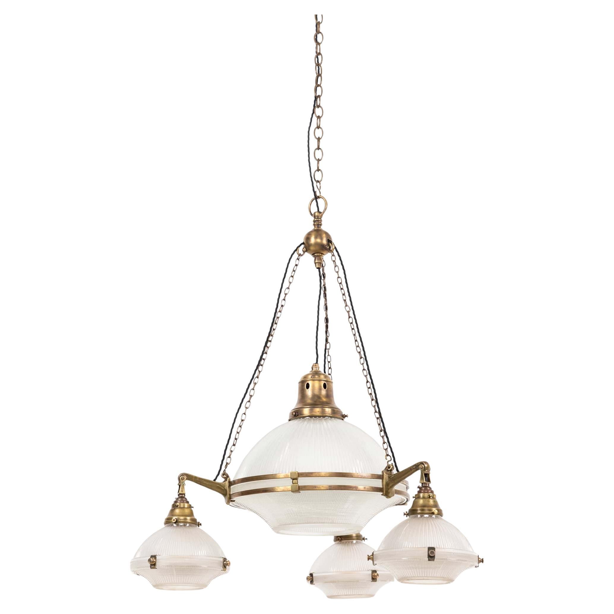 XL Antique Brass Holophane Prismatic Glass Chandelier Pendant Light, C.1920 in vendita