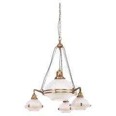 XL Antique Brass Holophane Prismatic Glass Chandelier Pendant Light, C.1920