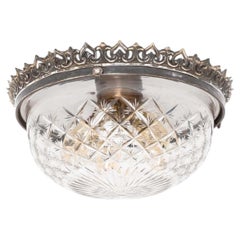 XL Antique Edwardian Silver Plated Cut Glass Flush Ceiling Light. c.1910