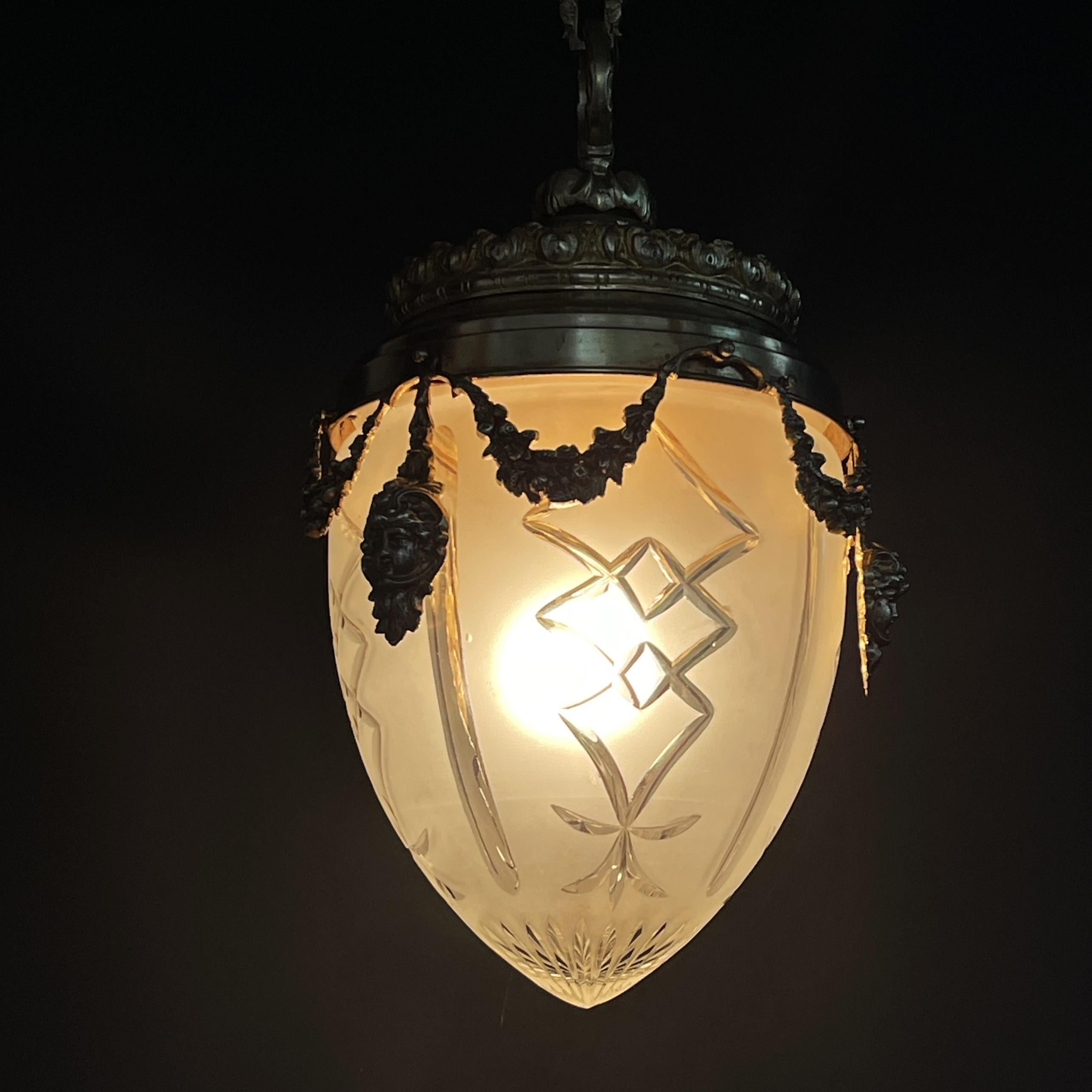 XL Art Nouveau Hanging Lamp Bronze, Teardrop Shape, 1900s 1