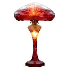 XL Art Nouveau Pâte De Verre, Mushroom Hand Blown Table Lamp, France