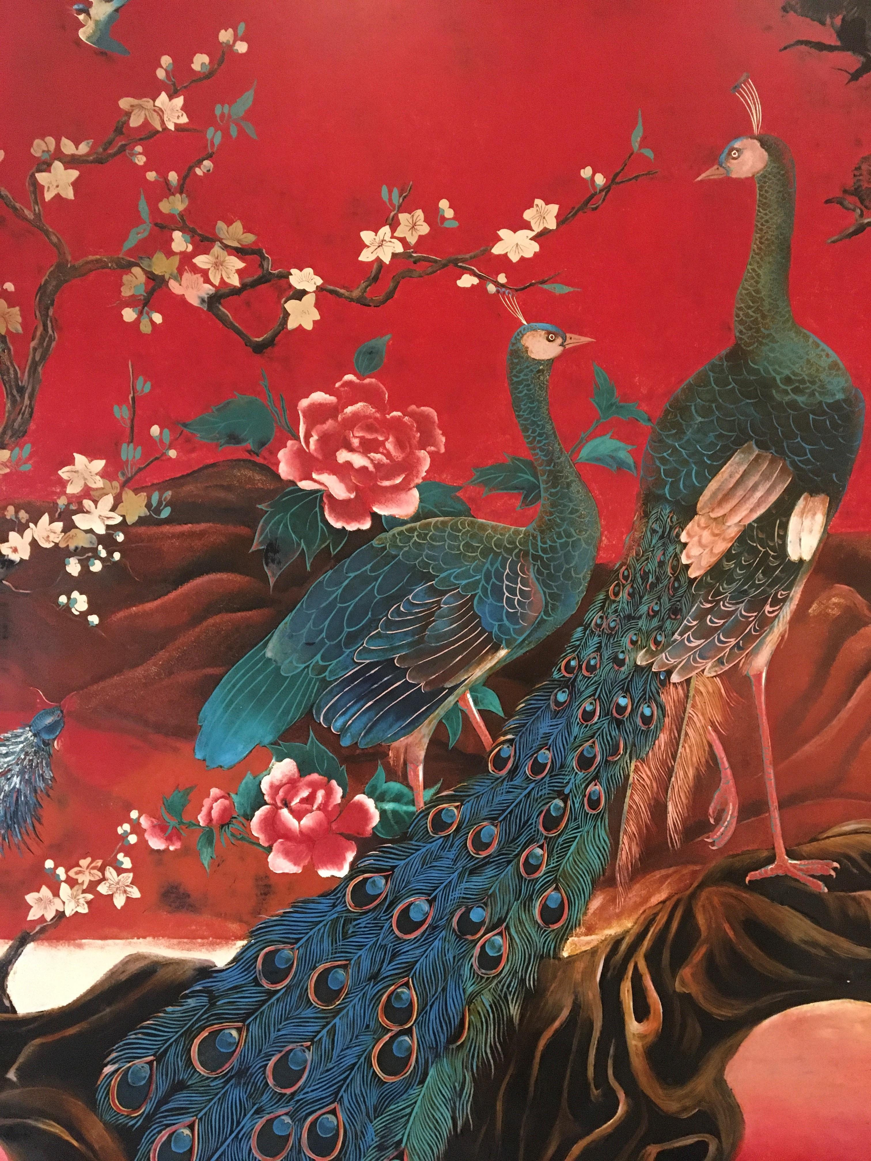 XL Asian Wall Panel with Peacock, Birds of Paradise, Cranes and Deers, 1990s For Sale 1