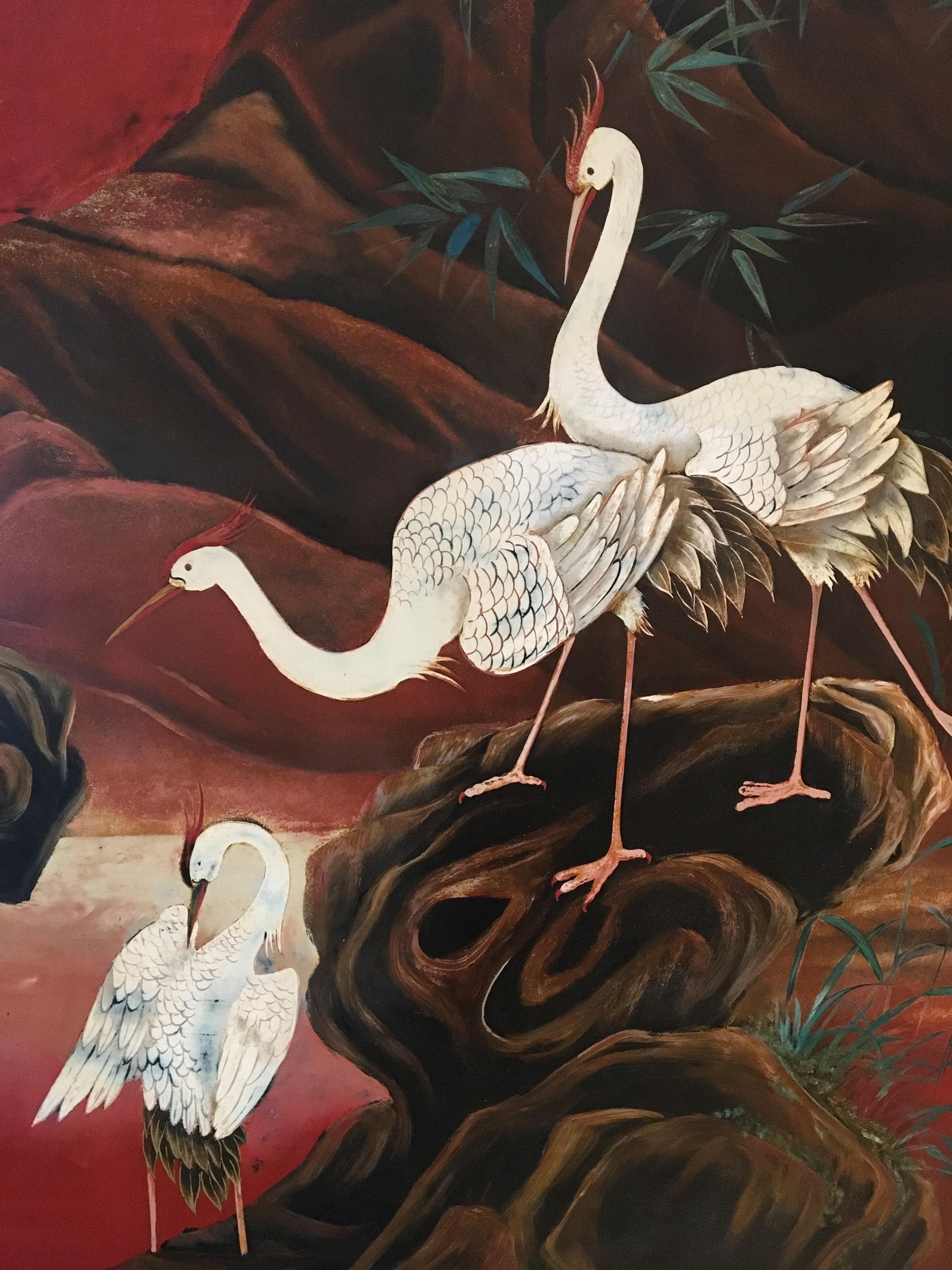 Panneau mural asiatique XL avec paon, oiseaux du paradis, grues et cerfs, années 1990 en vente 4