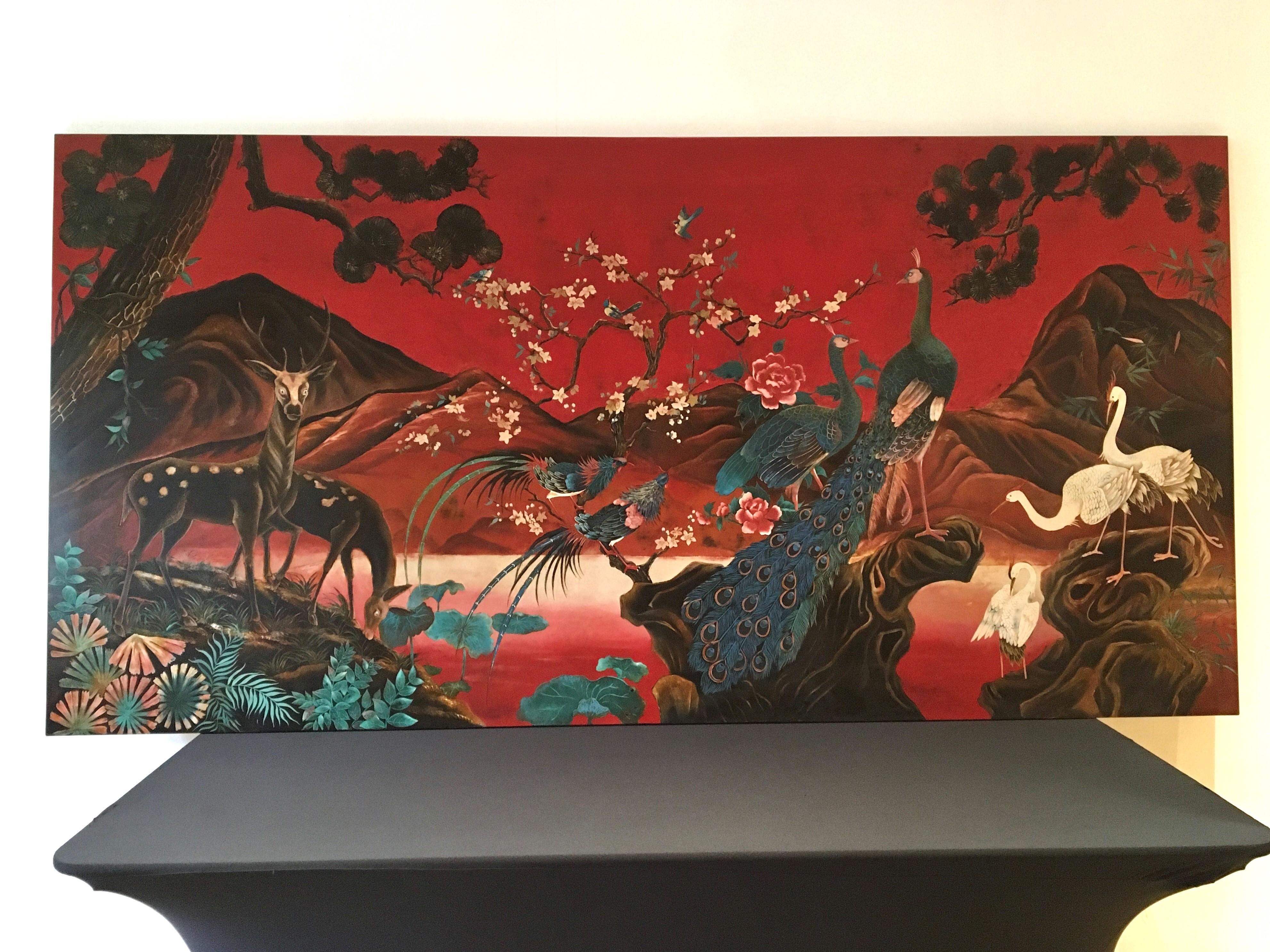 Panneau mural asiatique XL avec paon, oiseaux du paradis, grues et cerfs, années 1990 en vente 5