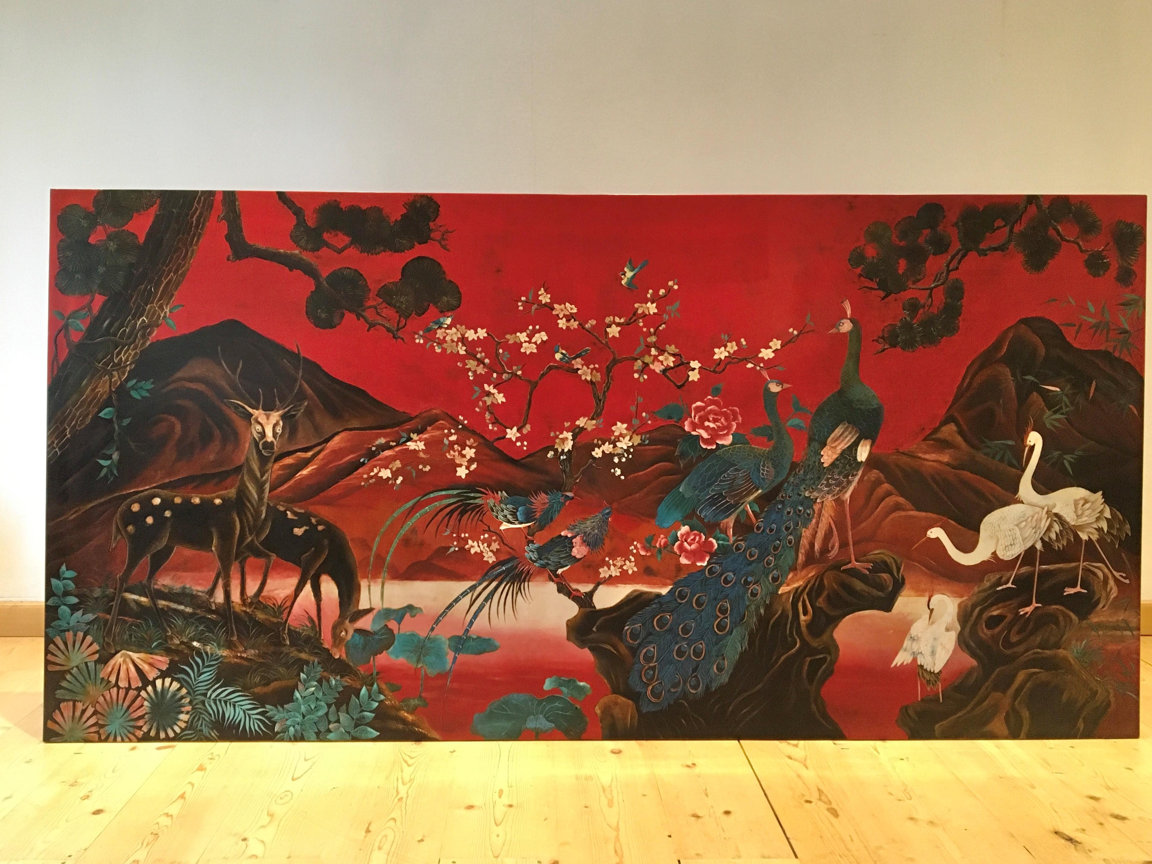 Panneau mural asiatique XL avec paon, oiseaux du paradis, grues et cerfs, années 1990 en vente 12