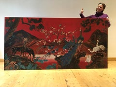 XL Asian Wall Panel with Peacock, Birds of Paradise, Cranes and Deers, 1990s