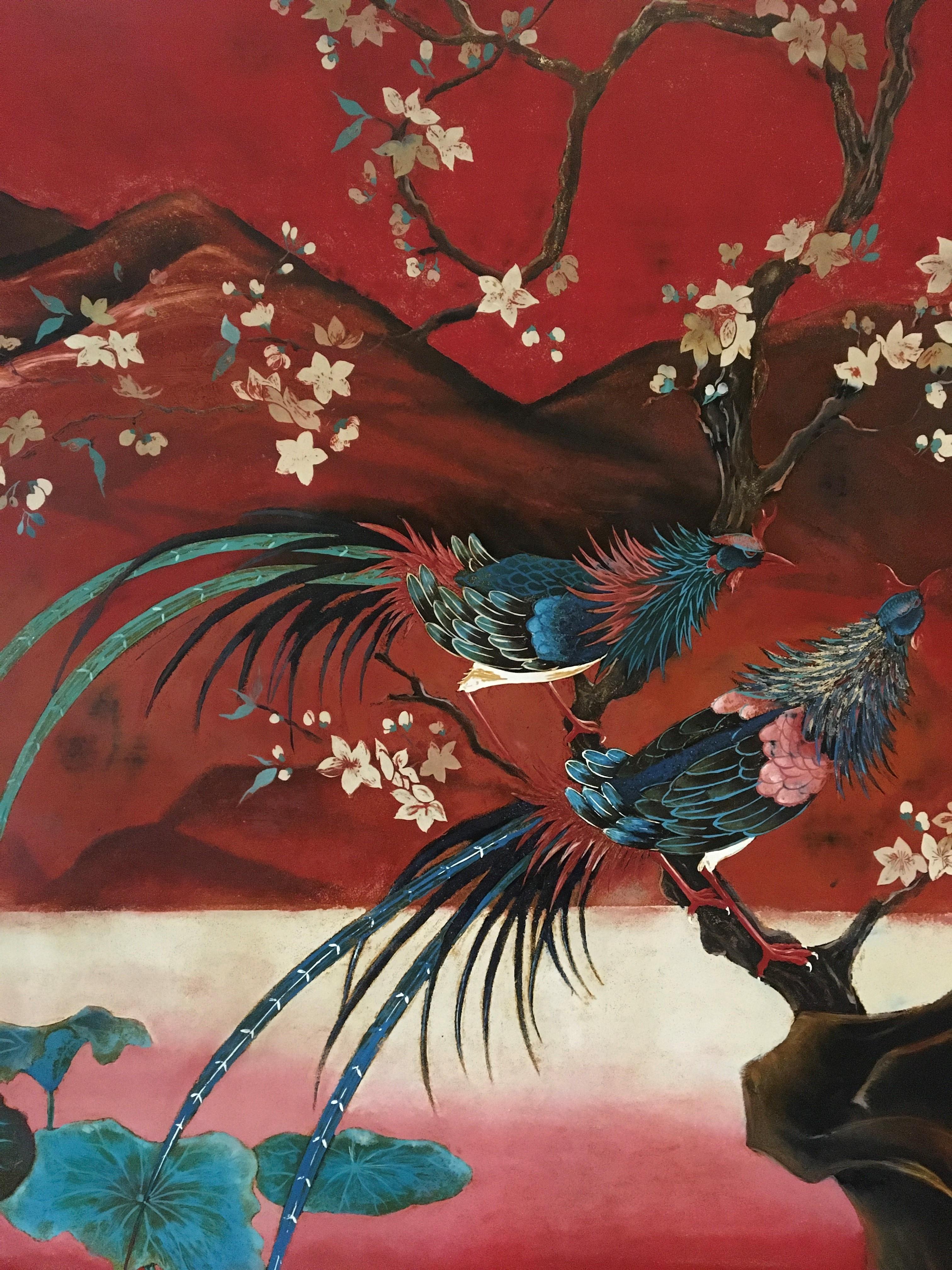 Panneau mural asiatique XL avec paon, oiseaux du paradis, grues et cerfs, années 1990 en vente 1