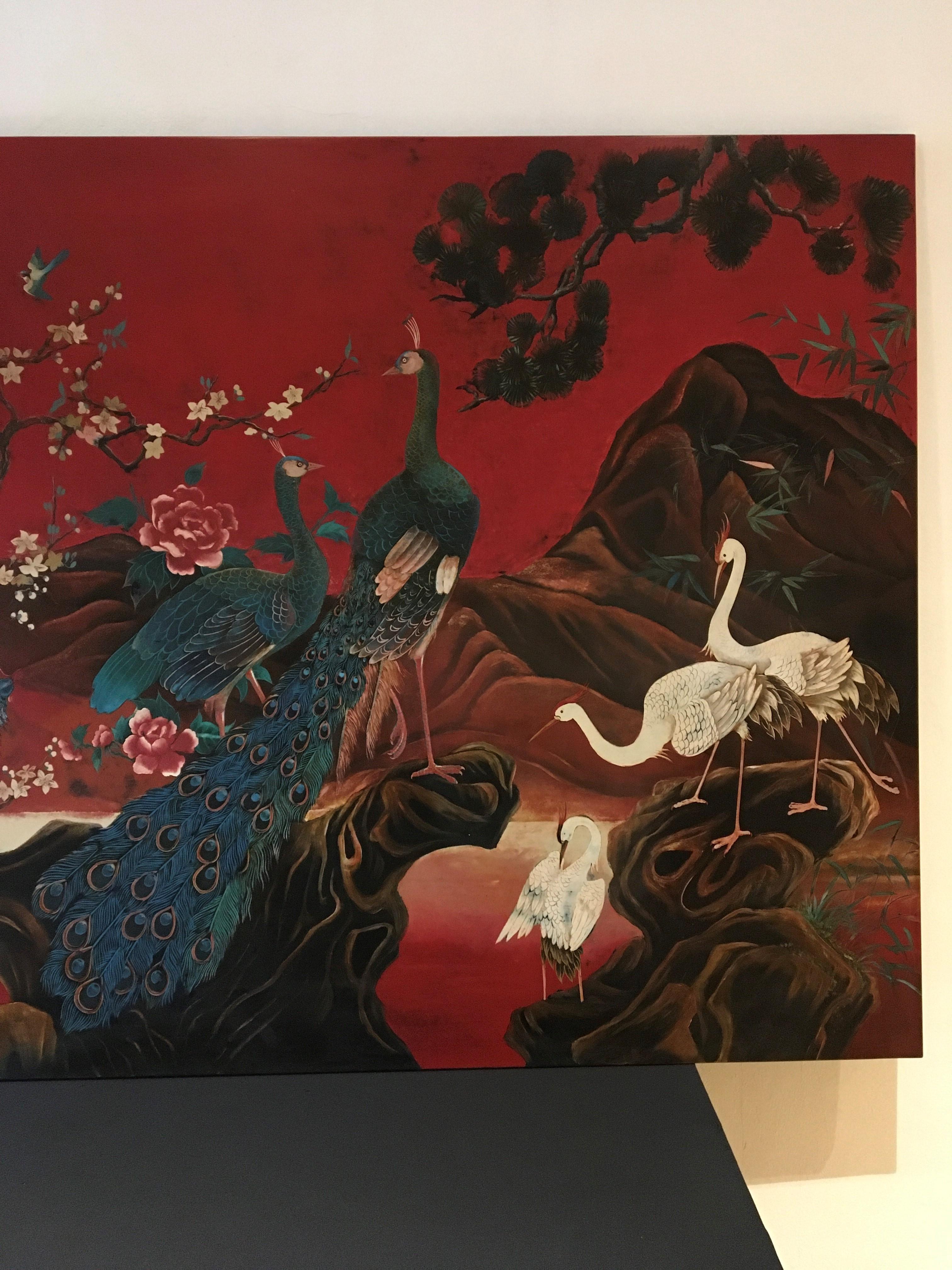 Panneau mural asiatique XL avec paon, oiseaux du paradis, grues et cerfs, années 1990 en vente 2
